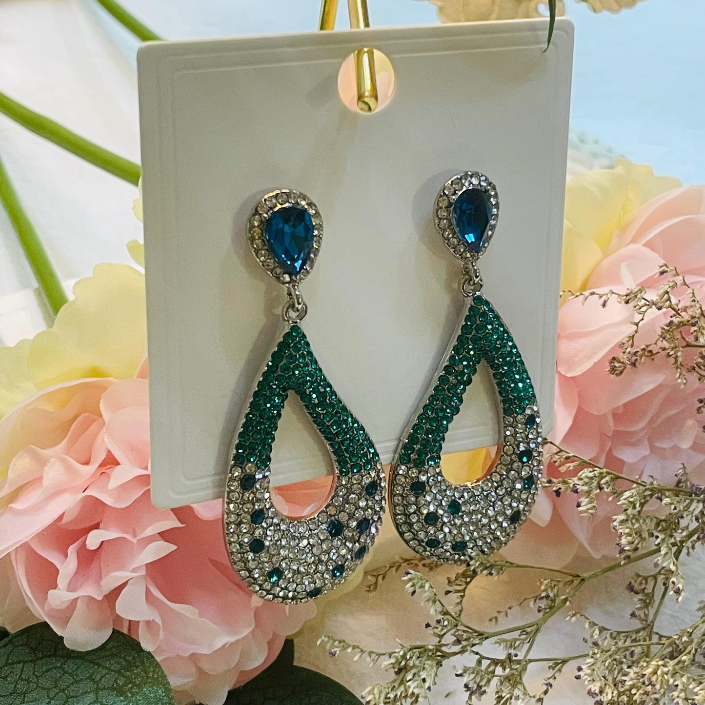 Elegant Teardrop Crystal Earrings, Sparkling Rhinestone Design, Teardrop Crystal Drop Earrings Green and Blue Statement Dangle Earrings Gift