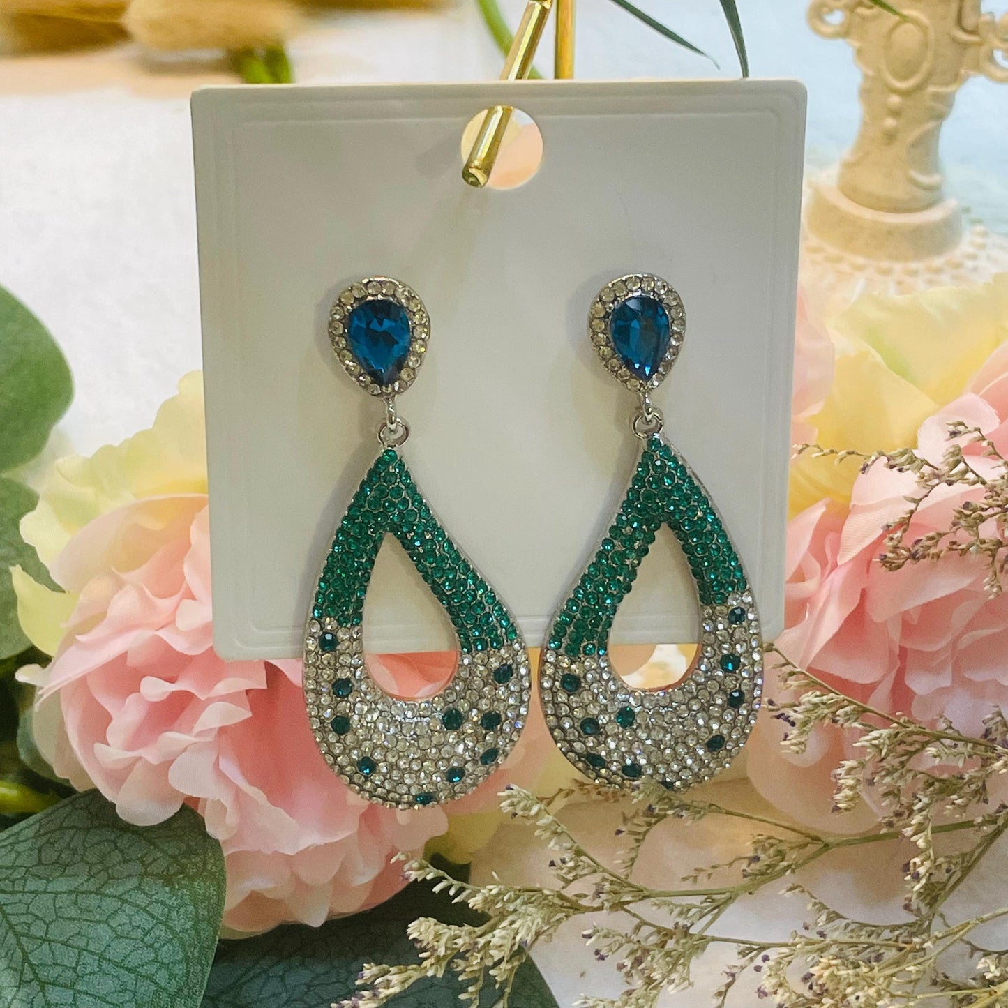 Elegant Teardrop Crystal Earrings, Sparkling Rhinestone Design, Teardrop Crystal Drop Earrings Green and Blue Statement Dangle Earrings Gift