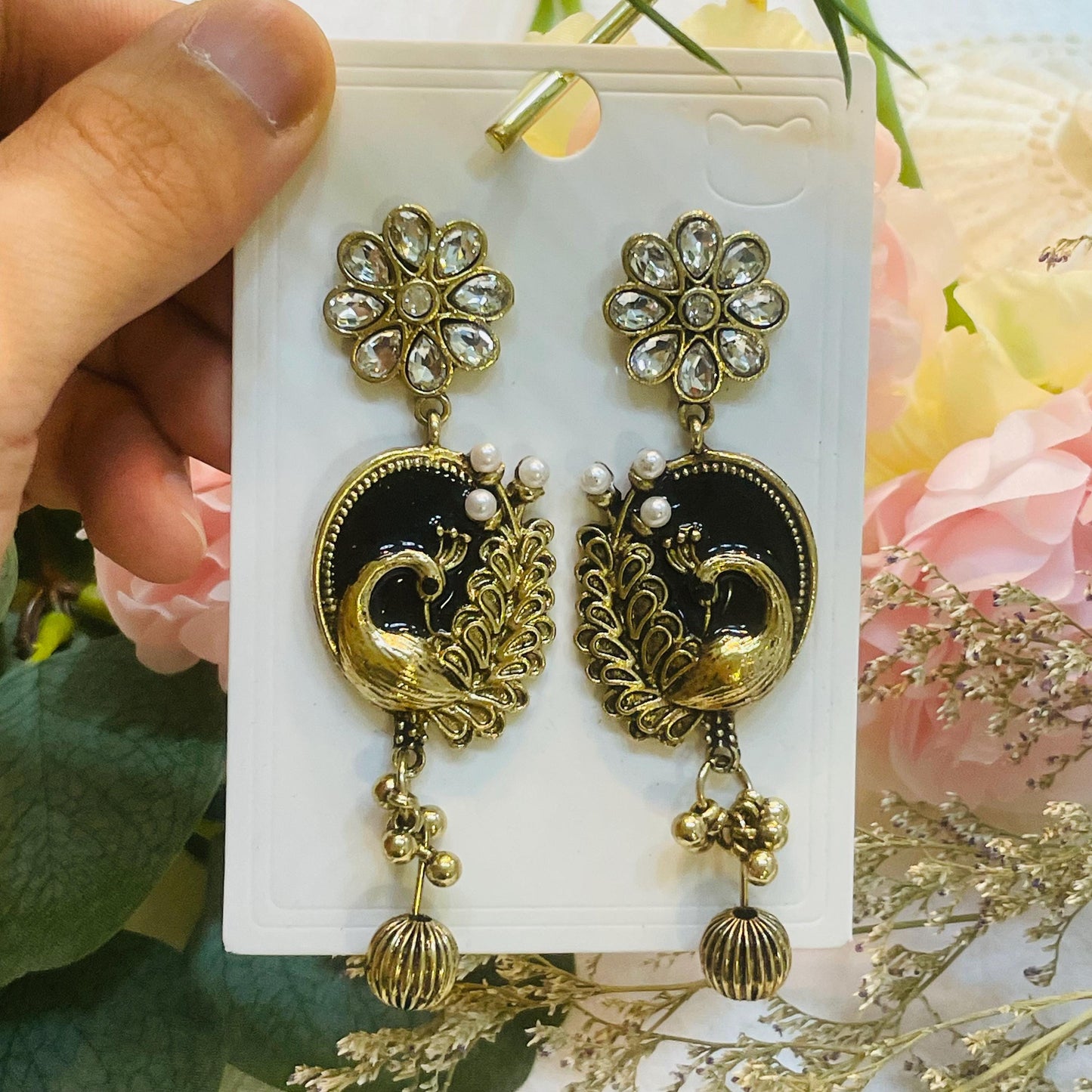 Gold tone Peacock Pearl Drop Earrings, Elegant Floral Design, Rhinestone Dangle Earrings, Crystal Flower Statement Earrings, Gift for Her