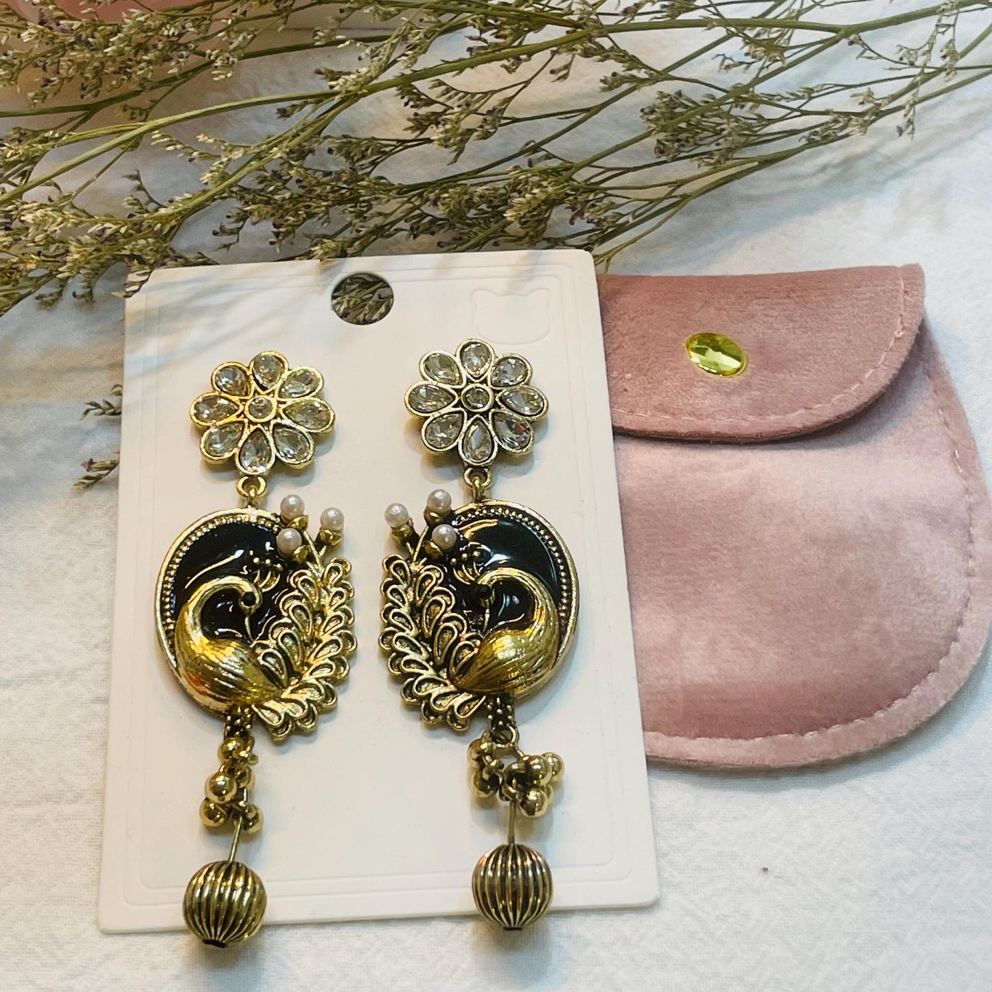 Gold tone Peacock Pearl Drop Earrings, Elegant Floral Design, Rhinestone Dangle Earrings, Crystal Flower Statement Earrings, Gift for Her