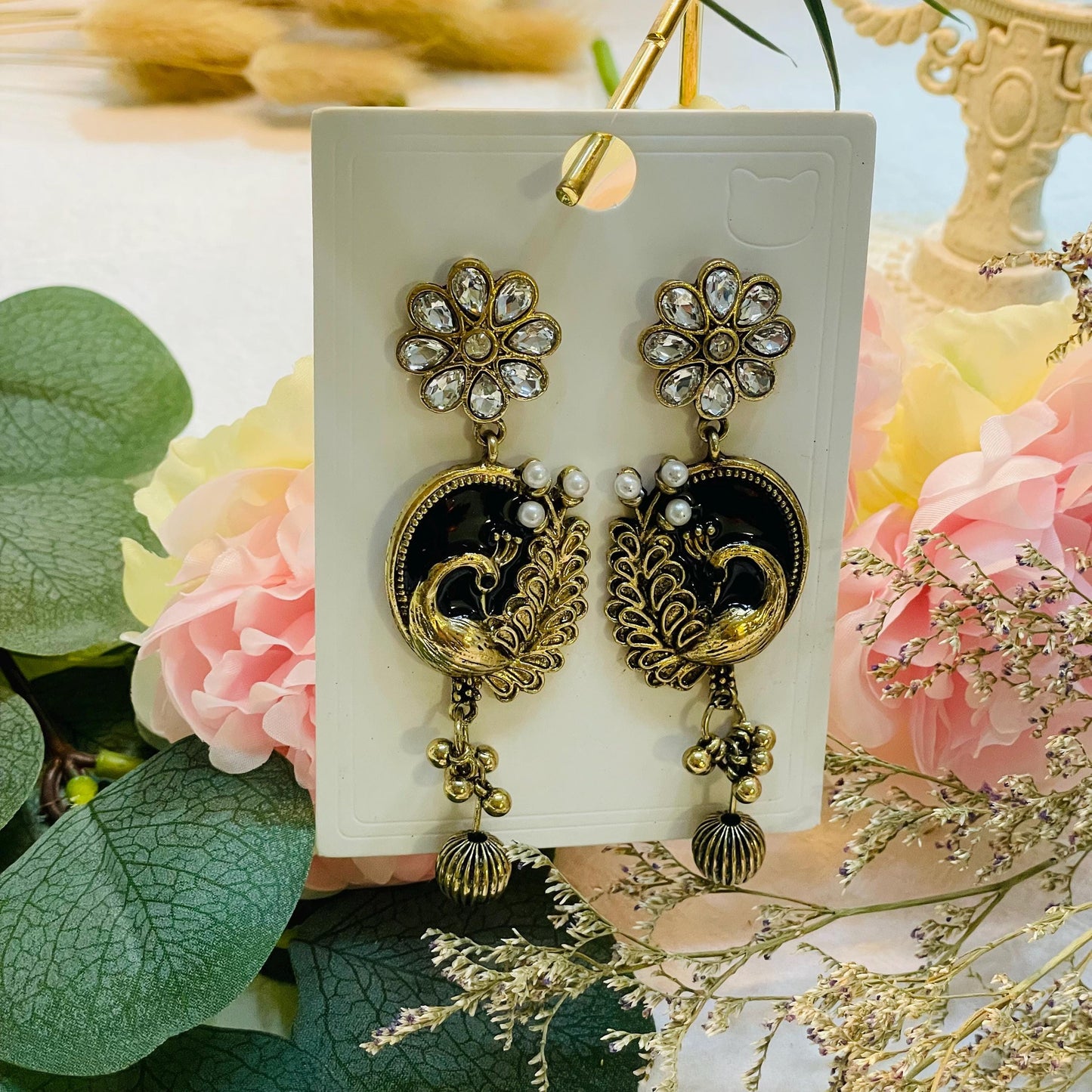 Gold tone Peacock Pearl Drop Earrings, Elegant Floral Design, Rhinestone Dangle Earrings, Crystal Flower Statement Earrings, Gift for Her