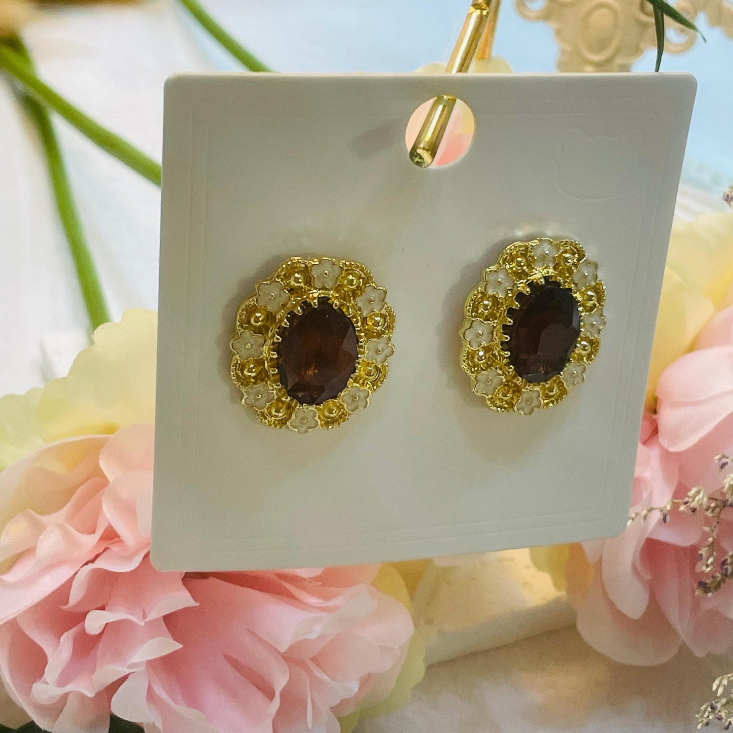 Elegant Gold tone tiny Enamel Flower Stud Earrings with Oval Dark red Crystal Center, Vintage-Inspired Floral Design, Perfect Gift for Her