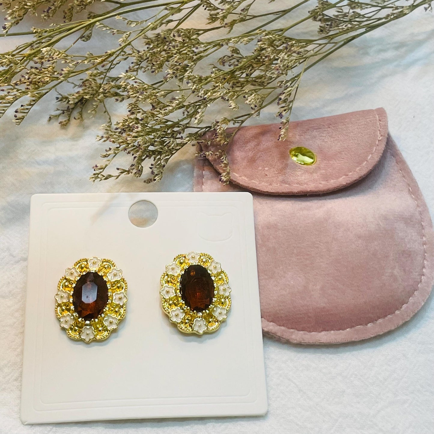 Elegant Gold tone tiny Enamel Flower Stud Earrings with Oval Dark red Crystal Center, Vintage-Inspired Floral Design, Perfect Gift for Her