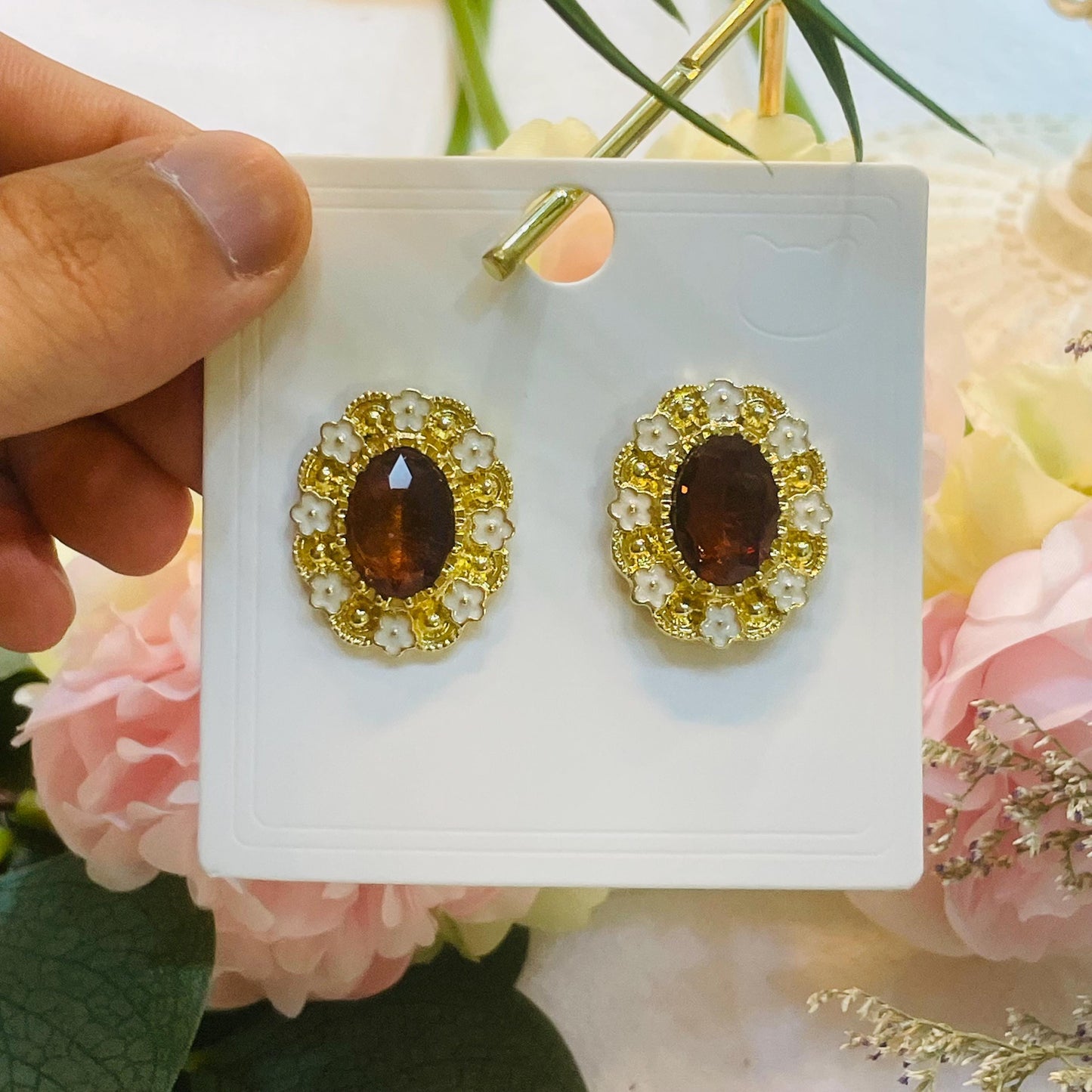 Elegant Gold tone tiny Enamel Flower Stud Earrings with Oval Dark red Crystal Center, Vintage-Inspired Floral Design, Perfect Gift for Her