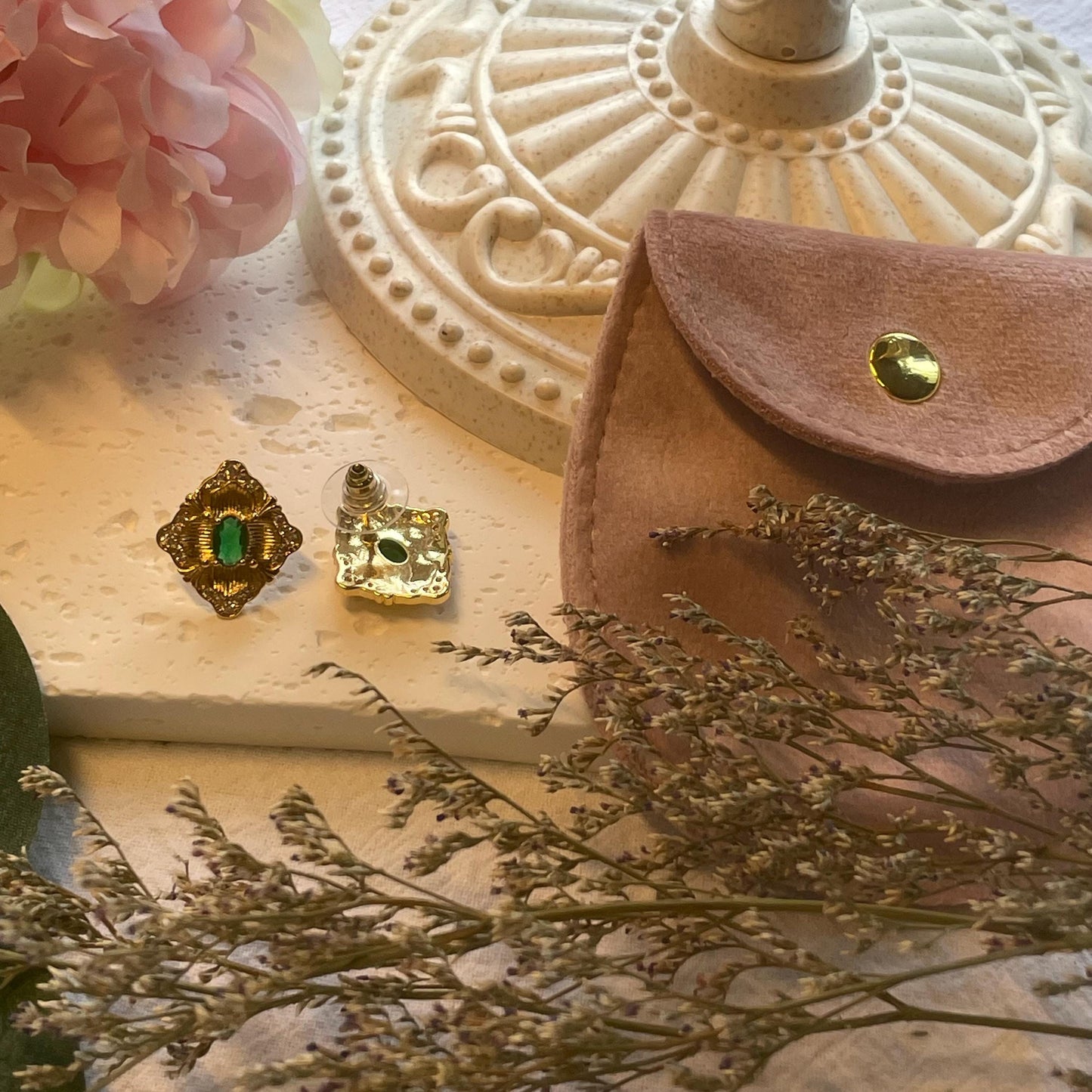 Vintage Gold Plated Elegant Green oval stone Flower Earrings | rhinestones encrusted Studs Earrings | Square Geometry Rhombus Earrings