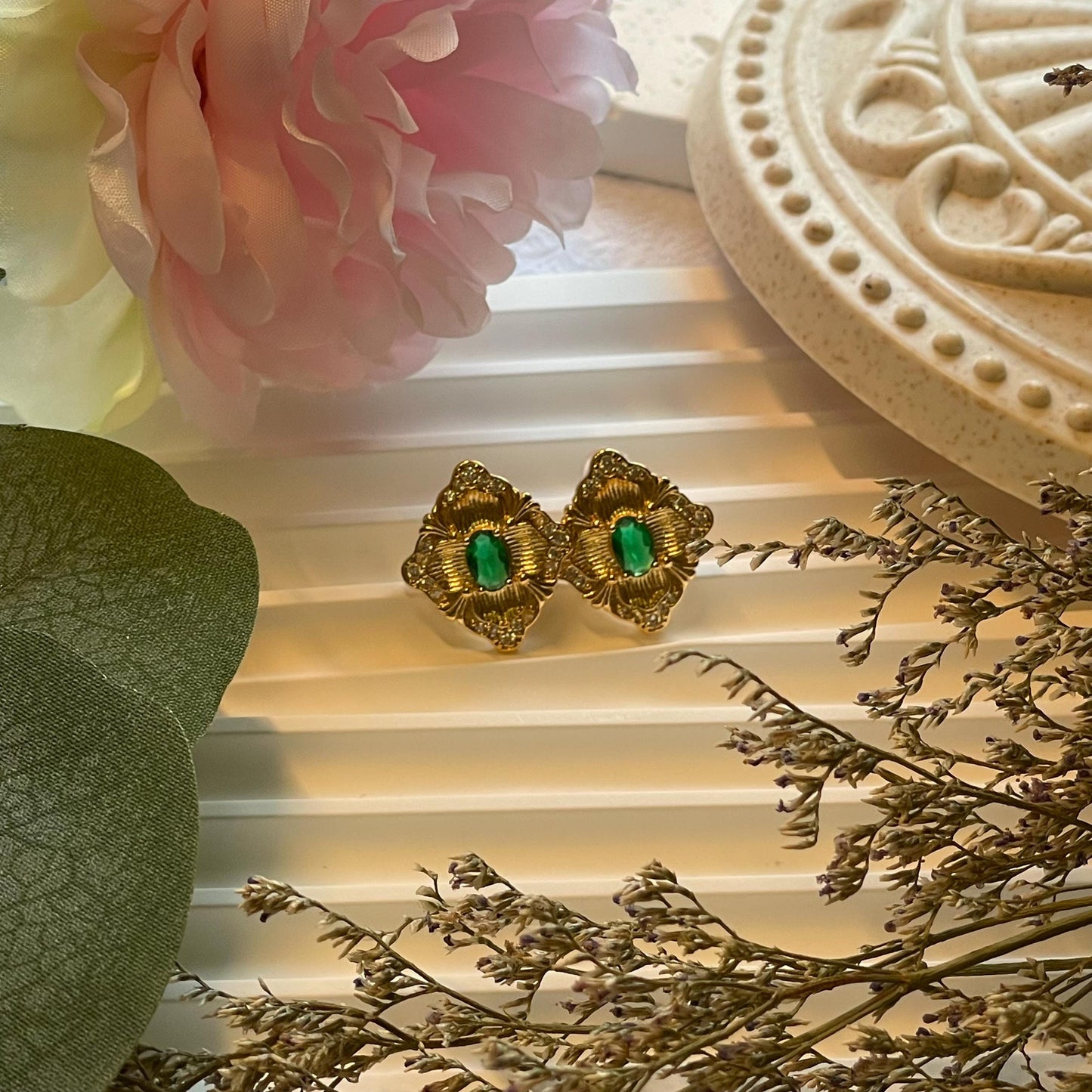 Vintage Gold Plated Elegant Green oval stone Flower Earrings | rhinestones encrusted Studs Earrings | Square Geometry Rhombus Earrings
