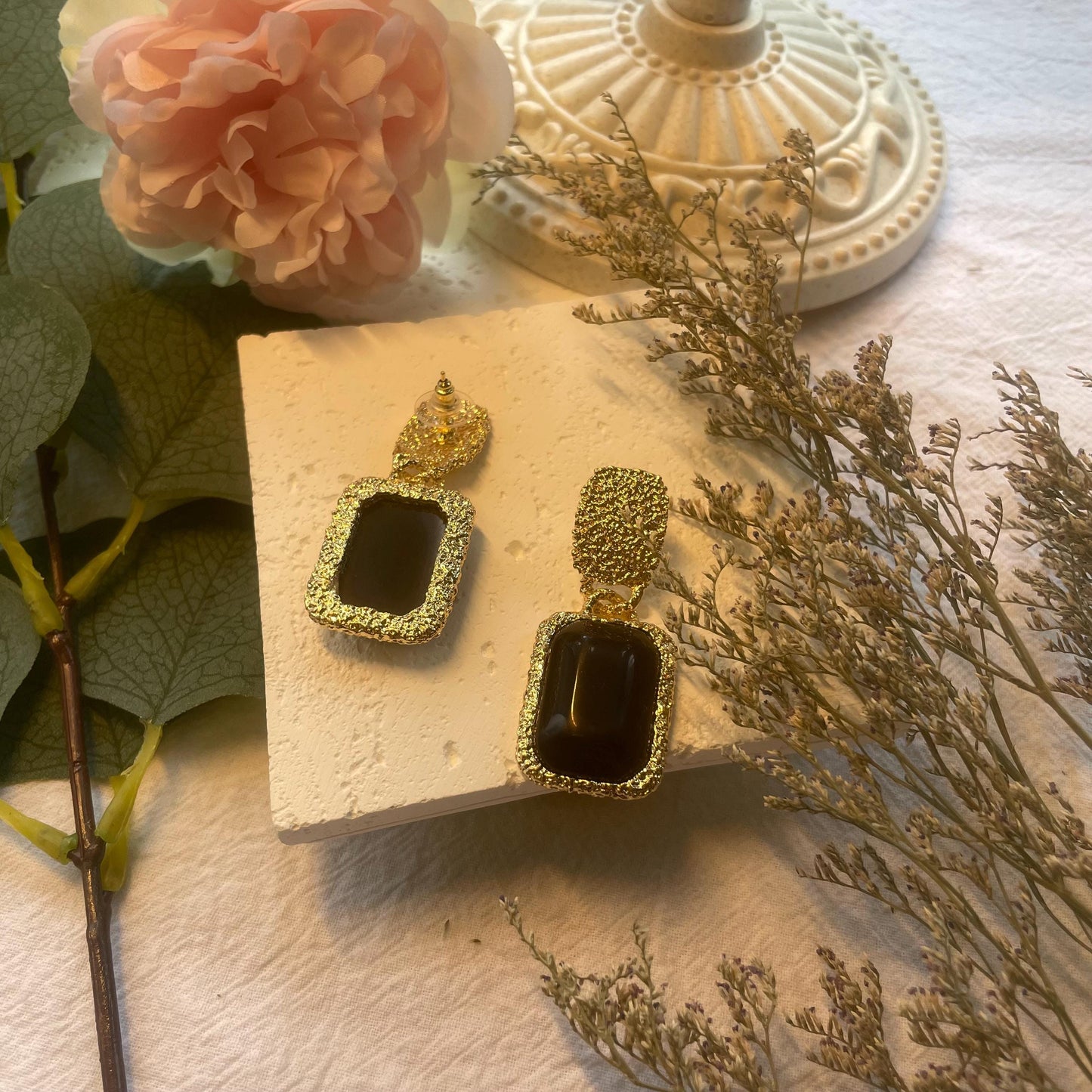 Vintage Black Hammered Gold Drop Earrings, Dangle Square Earrings, Rectangular EarringsGold Plated Drop Earrings, Boho Geometric Earrings