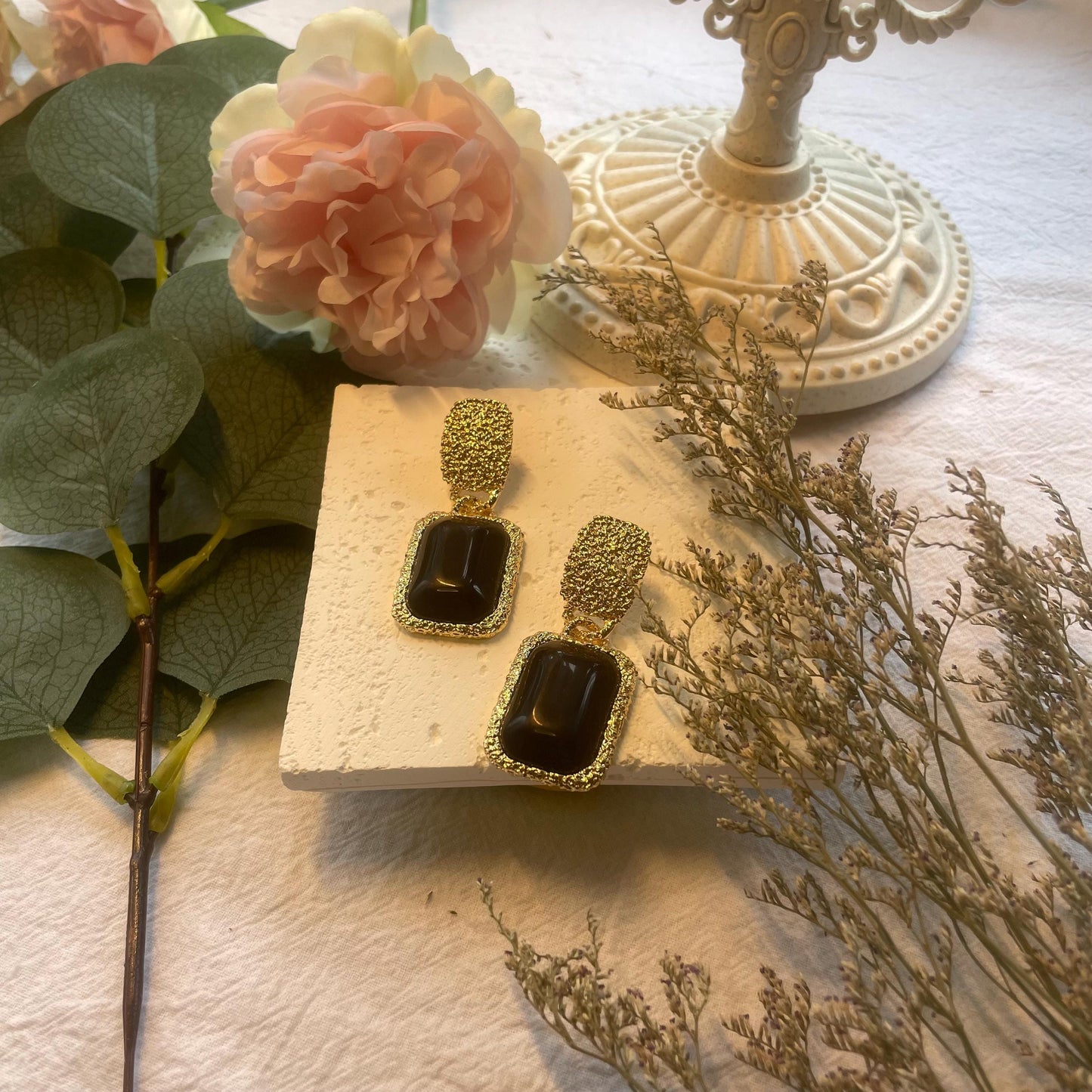 Vintage Black Hammered Gold Drop Earrings, Dangle Square Earrings, Rectangular EarringsGold Plated Drop Earrings, Boho Geometric Earrings