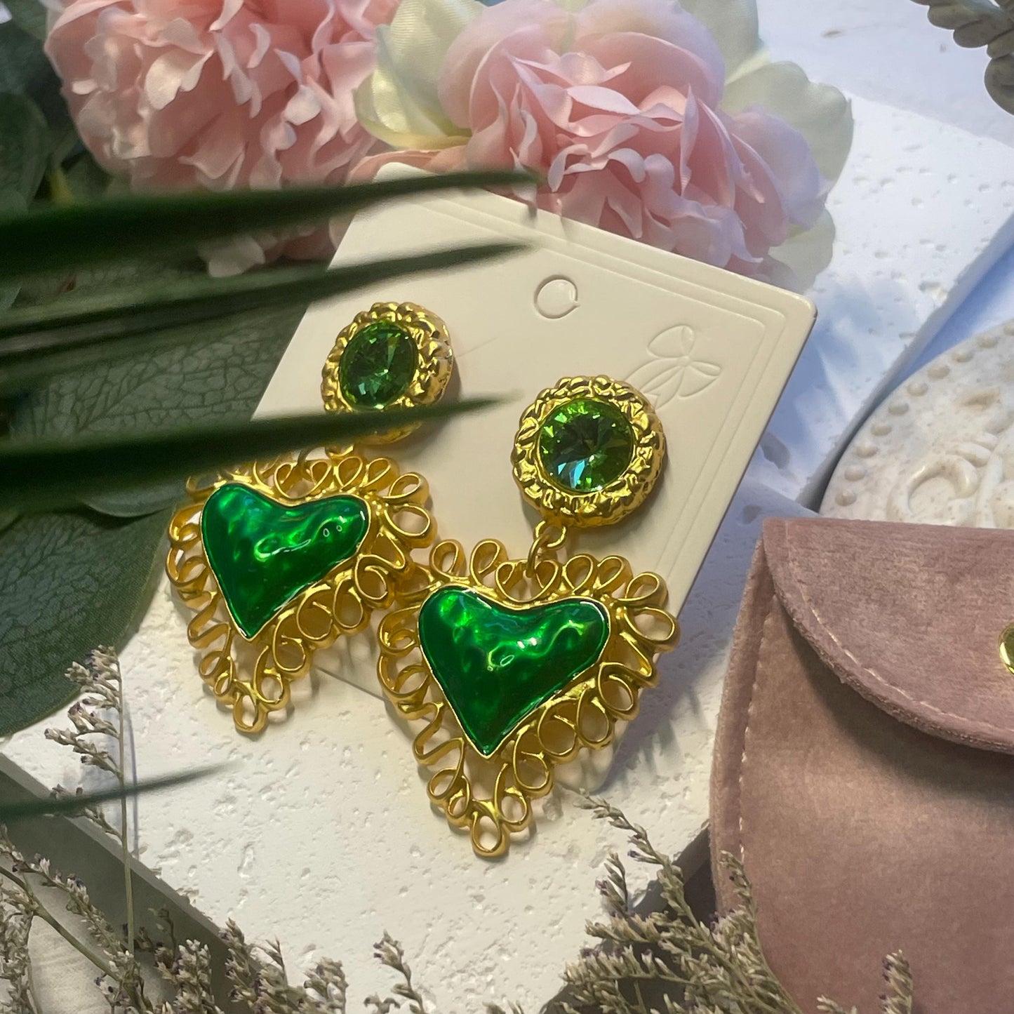 Heart Earring Gold Drop Earrings Statement Dangle Earrings Green Studs | Heart Pendant Earrings | Gold Boho Jewelry | Elegant Ethnic Style