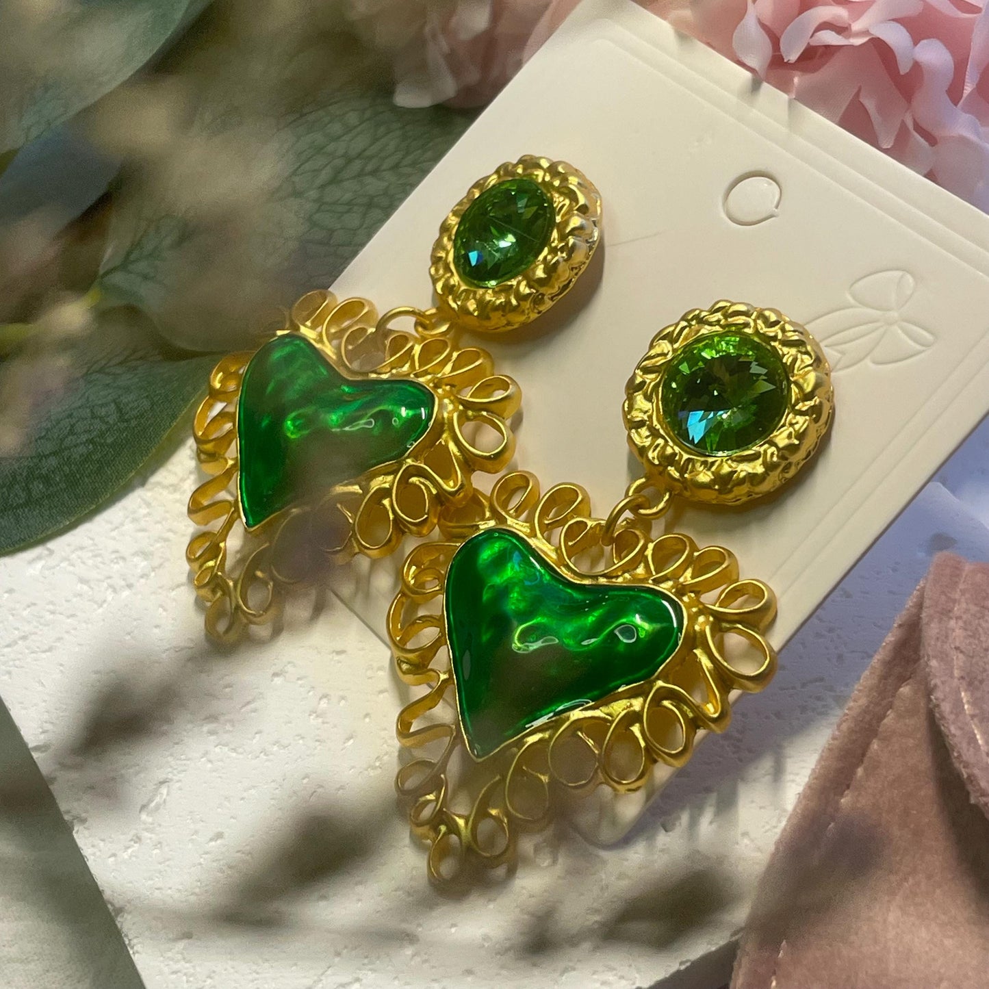 Heart Earring Gold Drop Earrings Statement Dangle Earrings Green Studs | Heart Pendant Earrings | Gold Boho Jewelry | Elegant Ethnic Style