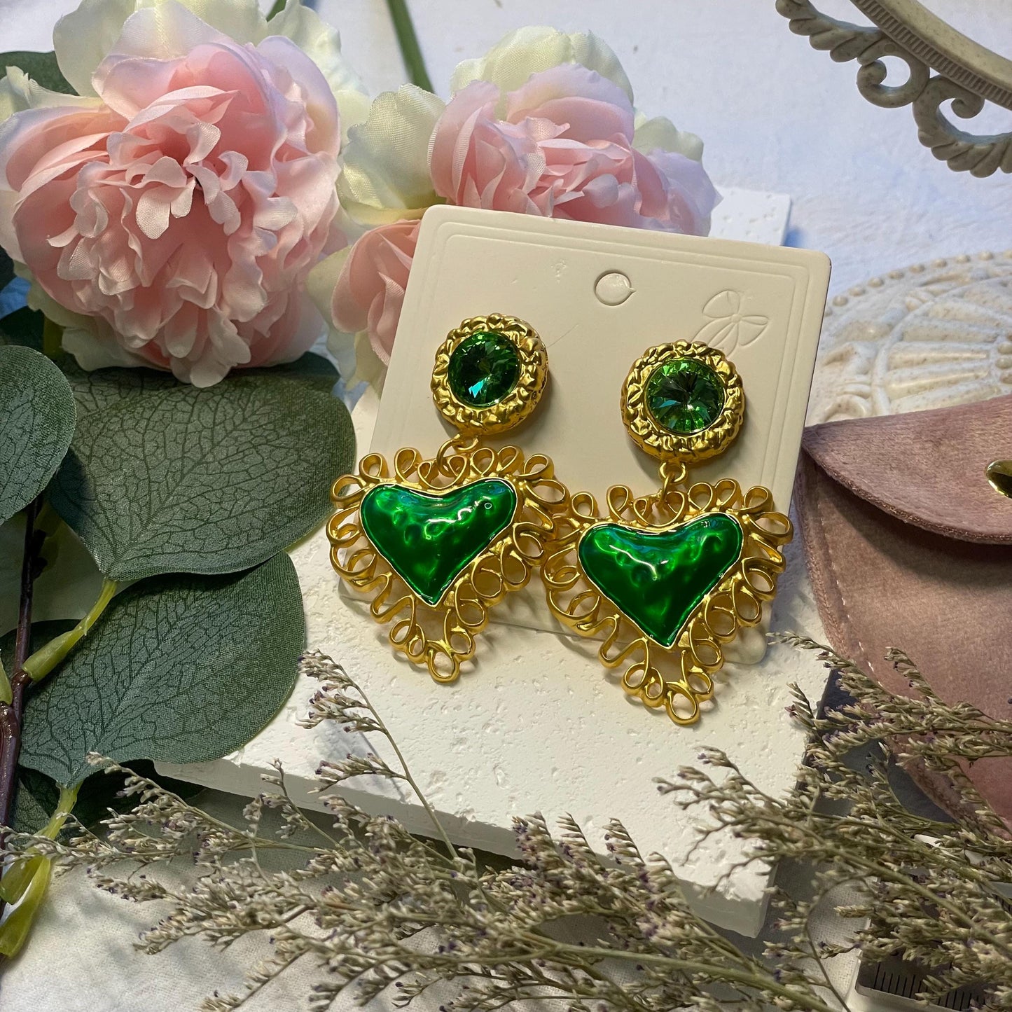 Heart Earring Gold Drop Earrings Statement Dangle Earrings Green Studs | Heart Pendant Earrings | Gold Boho Jewelry | Elegant Ethnic Style