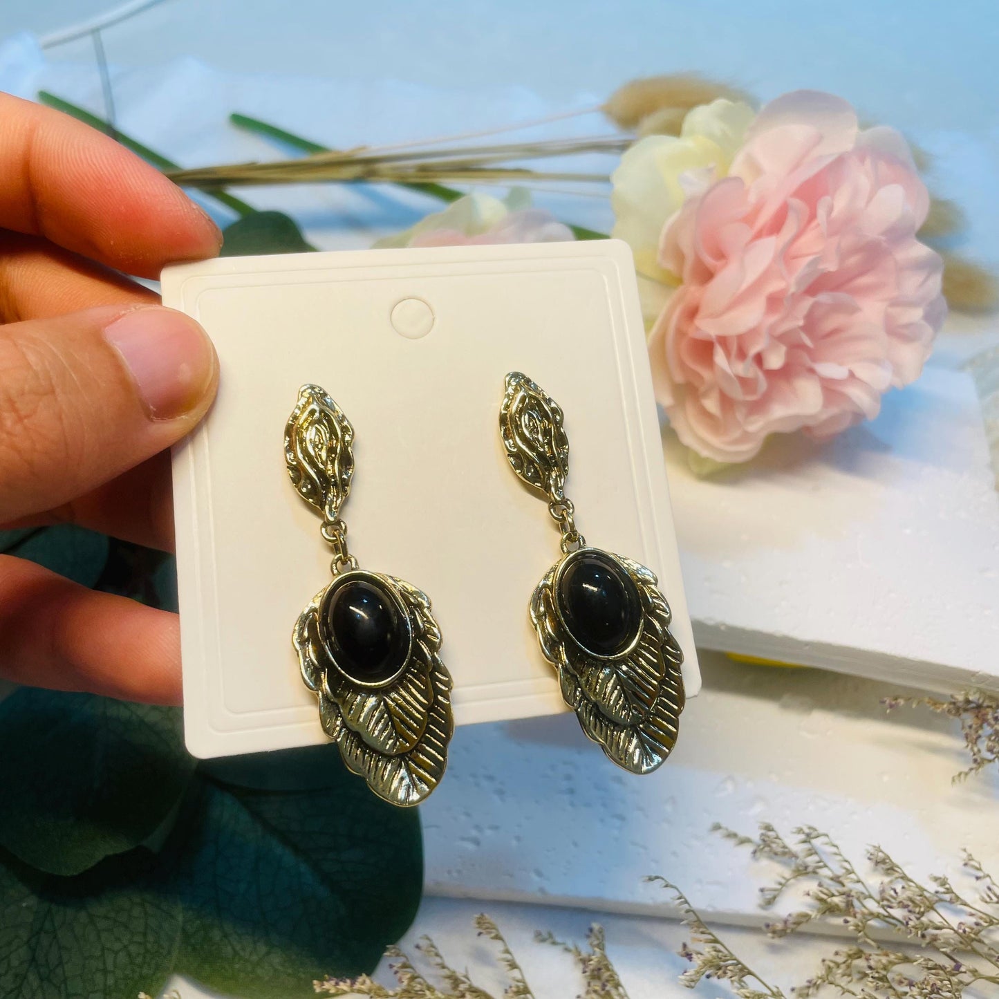 Gothic Black Stone Leaf Earrings, Nature Inspired Drop Earrings, round Onyx marquise black rutilated quartz Moissanite Dangle Earrings gift