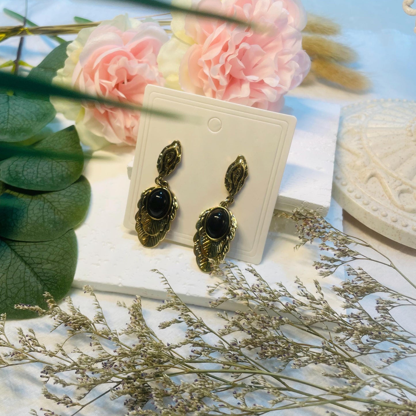 Gothic Black Stone Leaf Earrings, Nature Inspired Drop Earrings, round Onyx marquise black rutilated quartz Moissanite Dangle Earrings gift