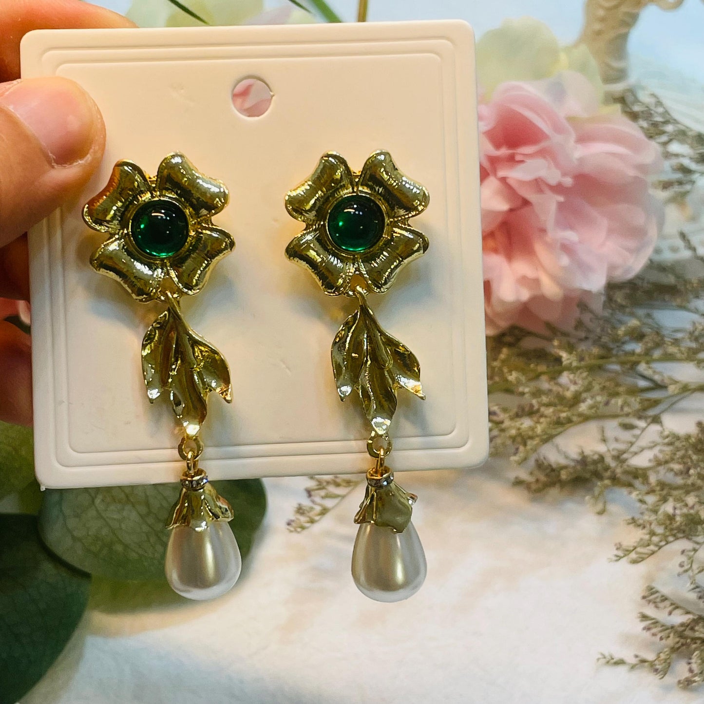 Long earrings with flowers, green crystals and pearls | Emerald Pearl Drop Earrings Pearl Dangle Earrings Gold Pearl Vintage Emerald Jewelry
