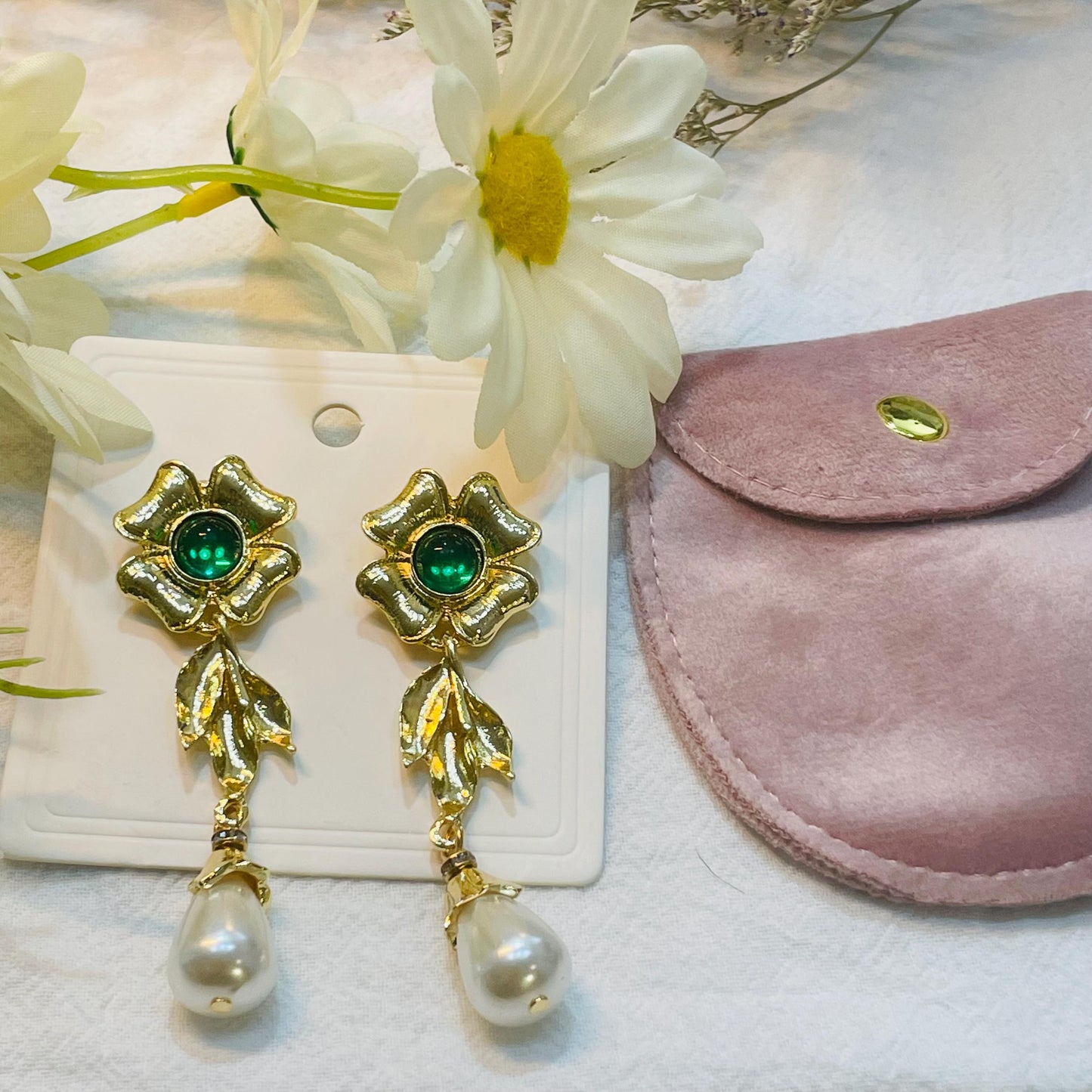 Long earrings with flowers, green crystals and pearls | Emerald Pearl Drop Earrings Pearl Dangle Earrings Gold Pearl Vintage Emerald Jewelry