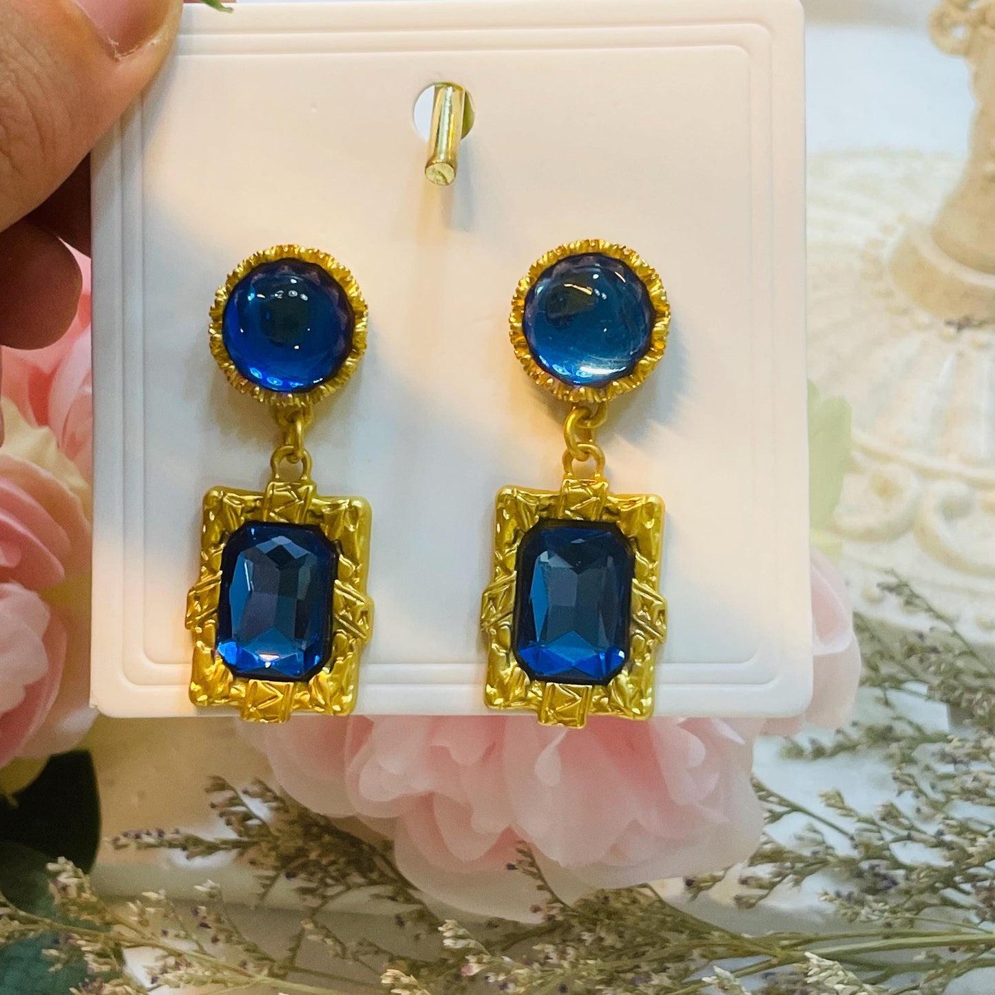 Ocean Blue Gemstone Dangle Earrings | Blue Glass Round drop earrings, Geometrical Bohemian Revival Gold Tone Statement Earrings gift for her