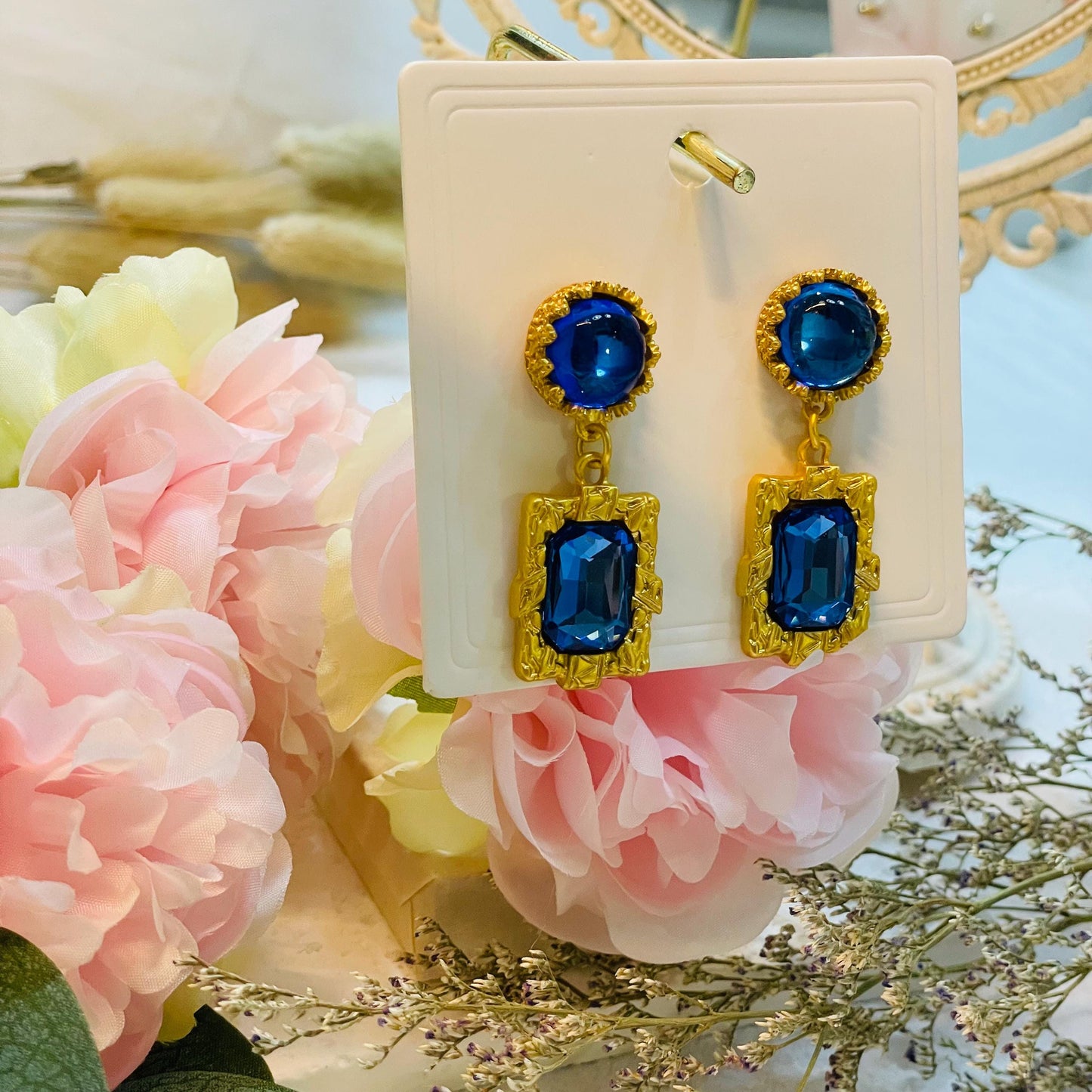 Ocean Blue Gemstone Dangle Earrings | Blue Glass Round drop earrings, Geometrical Bohemian Revival Gold Tone Statement Earrings gift for her