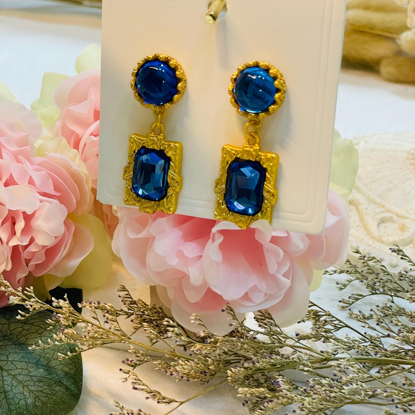 Ocean Blue Gemstone Dangle Earrings | Blue Glass Round drop earrings, Geometrical Bohemian Revival Gold Tone Statement Earrings gift for her