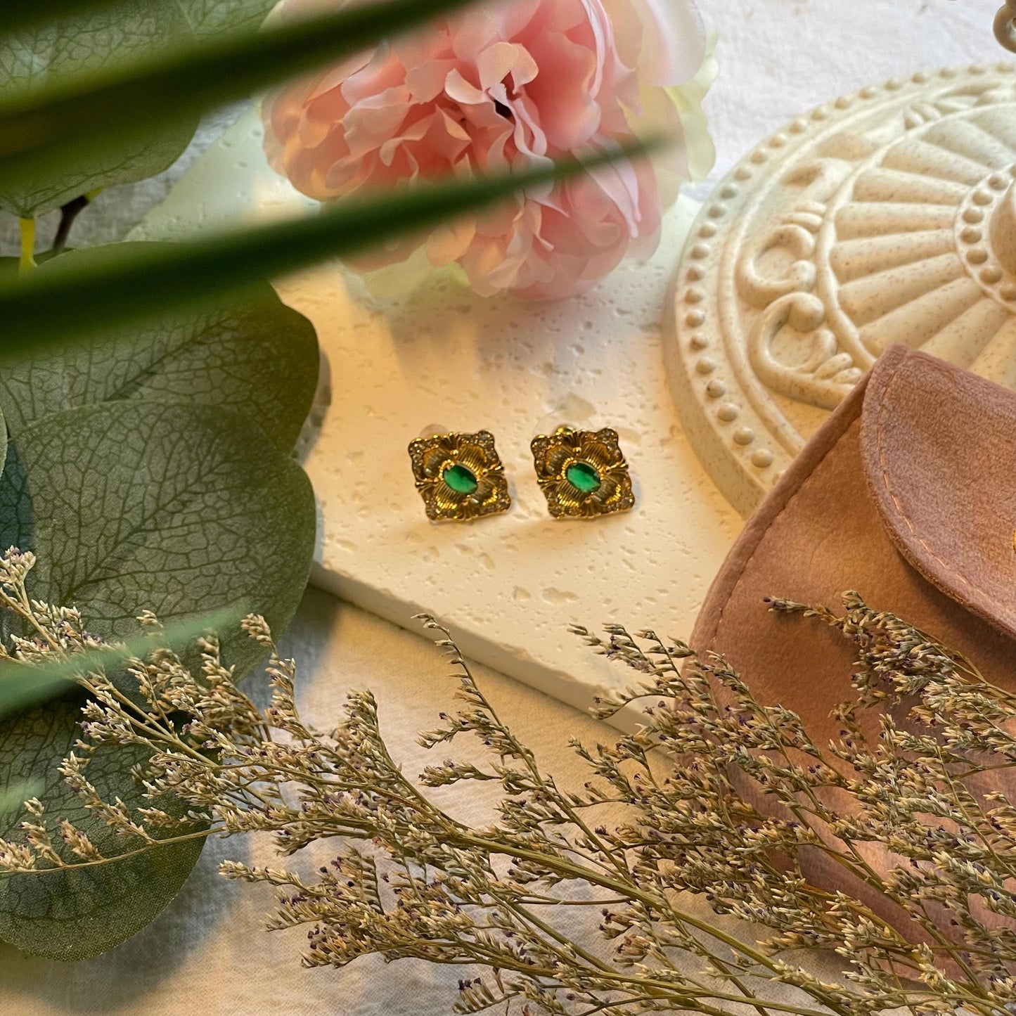 Vintage Gold Plated Elegant Green oval stone Flower Earrings | rhinestones encrusted Studs Earrings | Square Geometry Rhombus Earrings