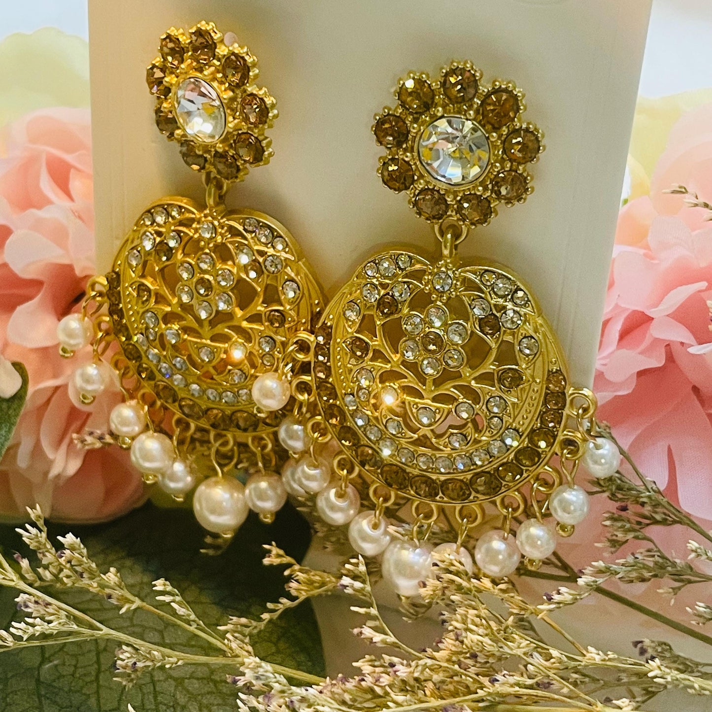 Elegant Gold Pearl Earrings, Vintage Style Statement Jewelry, Crystal Adorned Chandelier Earrings for Women gold pearl dangle earrings gifts