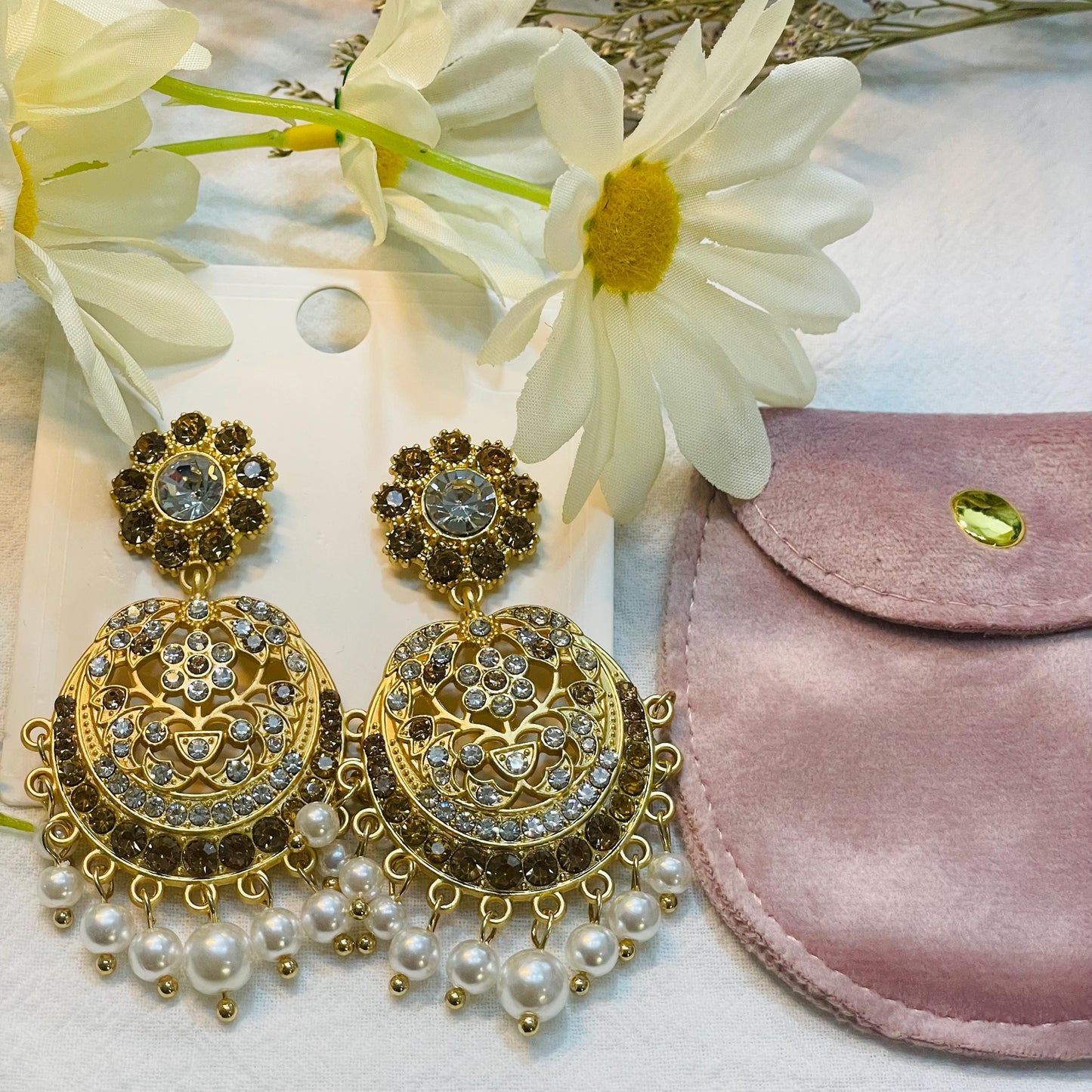 Elegant Gold Pearl Earrings, Vintage Style Statement Jewelry, Crystal Adorned Chandelier Earrings for Women gold pearl dangle earrings gifts