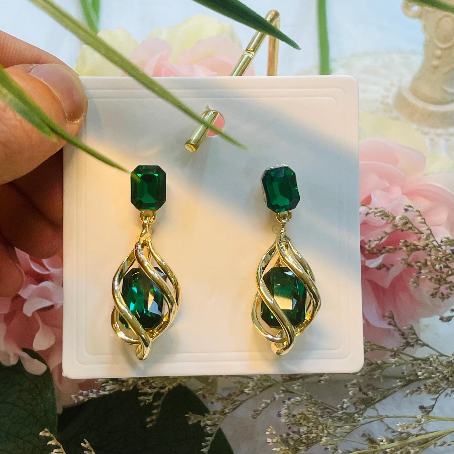 Elegant Green Crystal Earrings, Gold tone Twisted Design, Statement Jewelry for Women, Perfect Gift for Any Occasion, crystal dangle earring