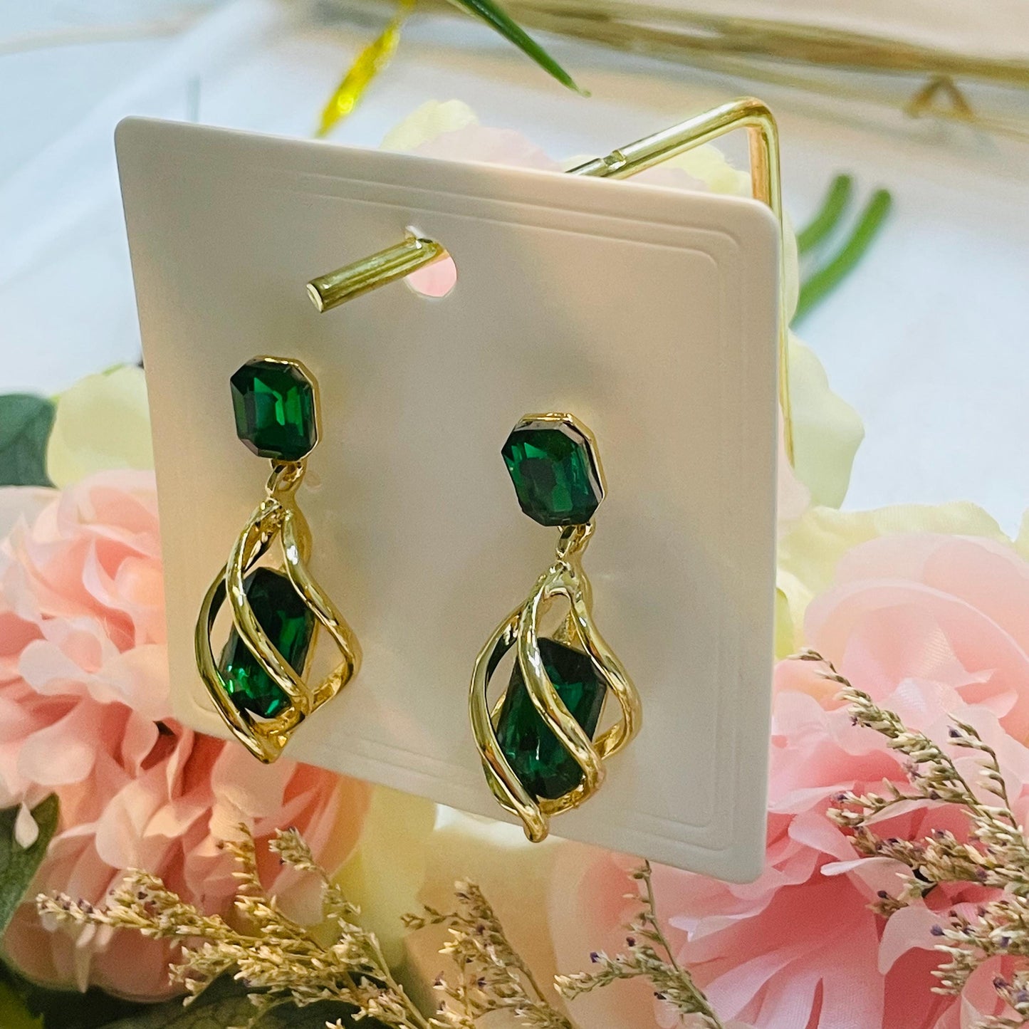Elegant Green Crystal Earrings, Gold tone Twisted Design, Statement Jewelry for Women, Perfect Gift for Any Occasion, crystal dangle earring