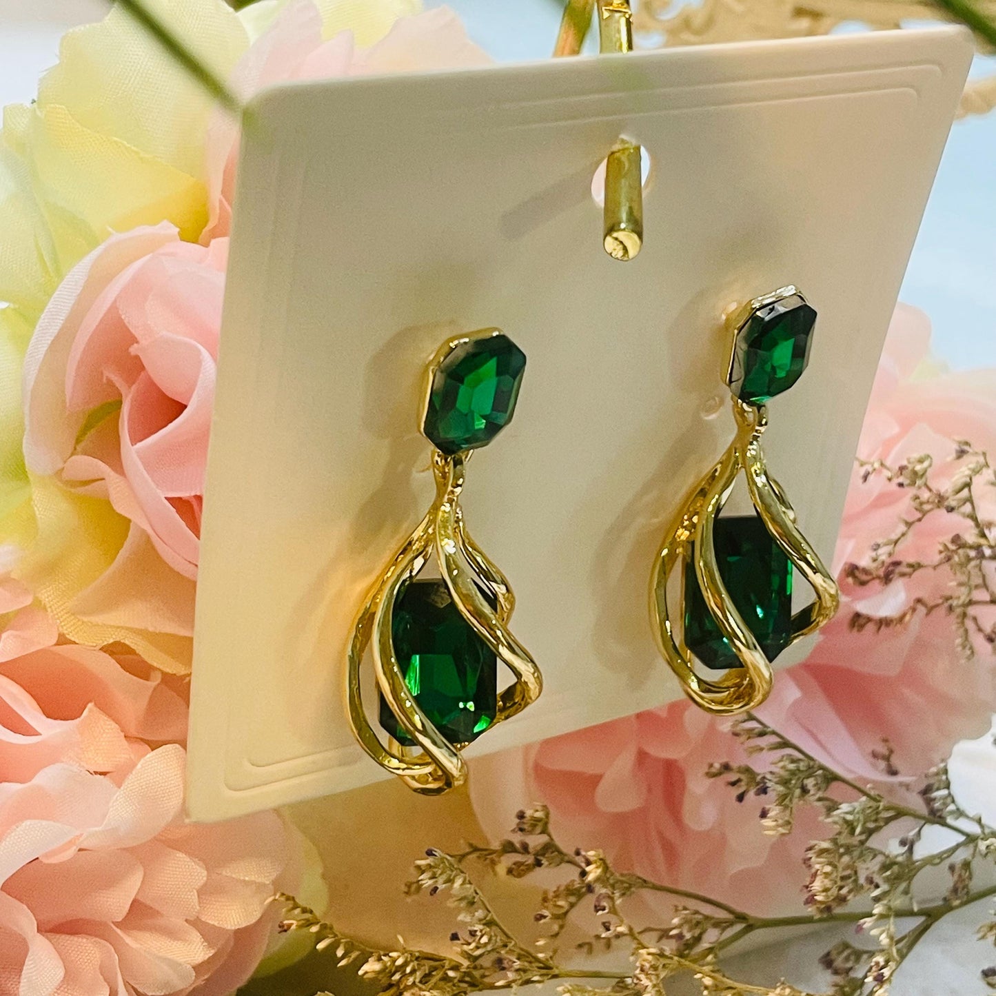 Elegant Green Crystal Earrings, Gold tone Twisted Design, Statement Jewelry for Women, Perfect Gift for Any Occasion, crystal dangle earring