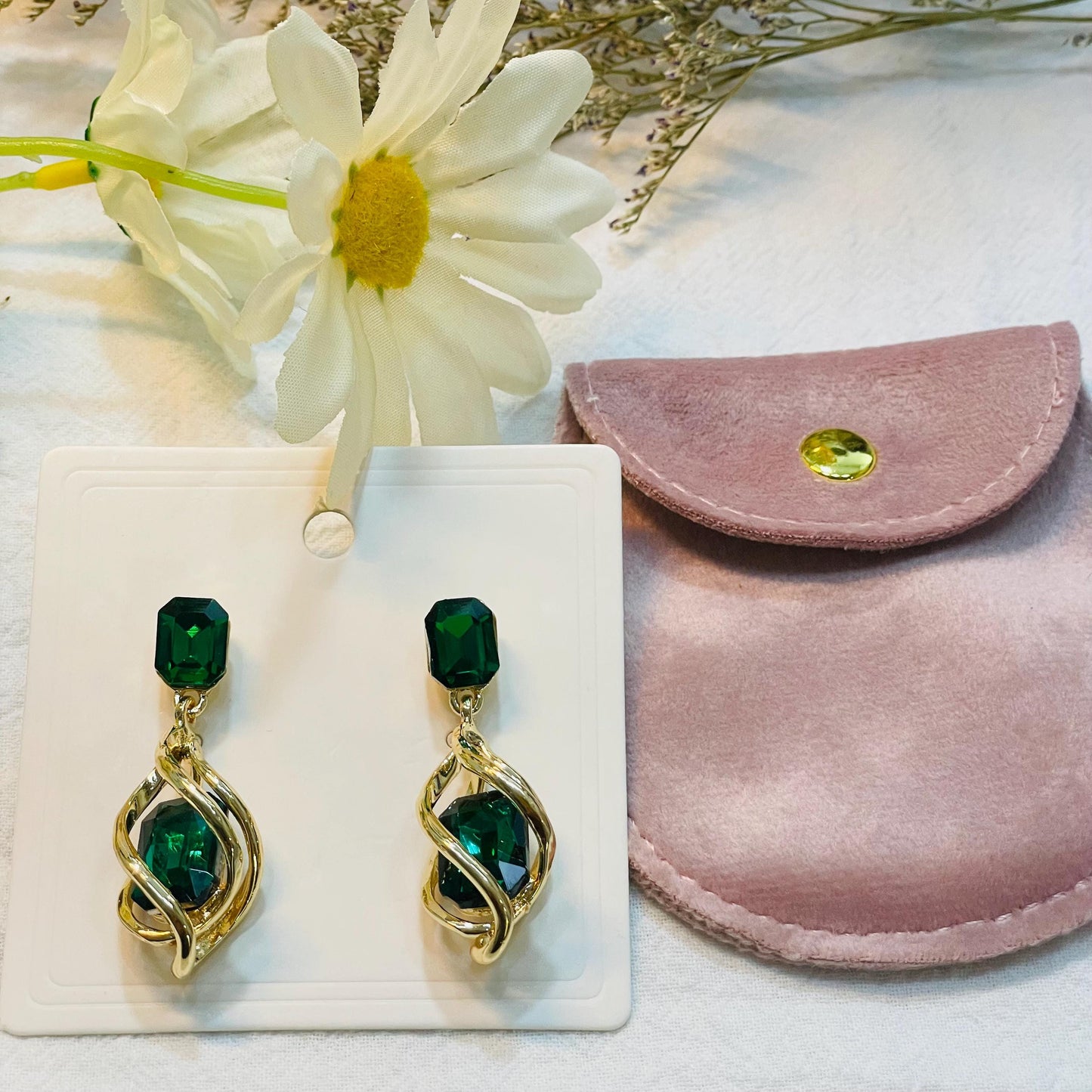 Elegant Green Crystal Earrings, Gold tone Twisted Design, Statement Jewelry for Women, Perfect Gift for Any Occasion, crystal dangle earring