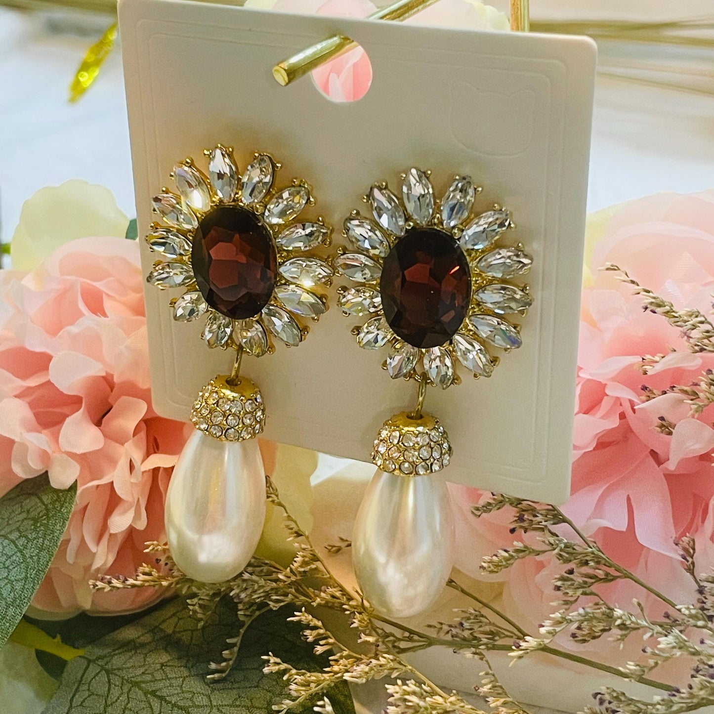 Glamorous Pearl Drop Earrings with Burgundy Stone, Vintage-Inspired Floral Design, Elegant dangle Jewelry for Women, Perfect Gift for her