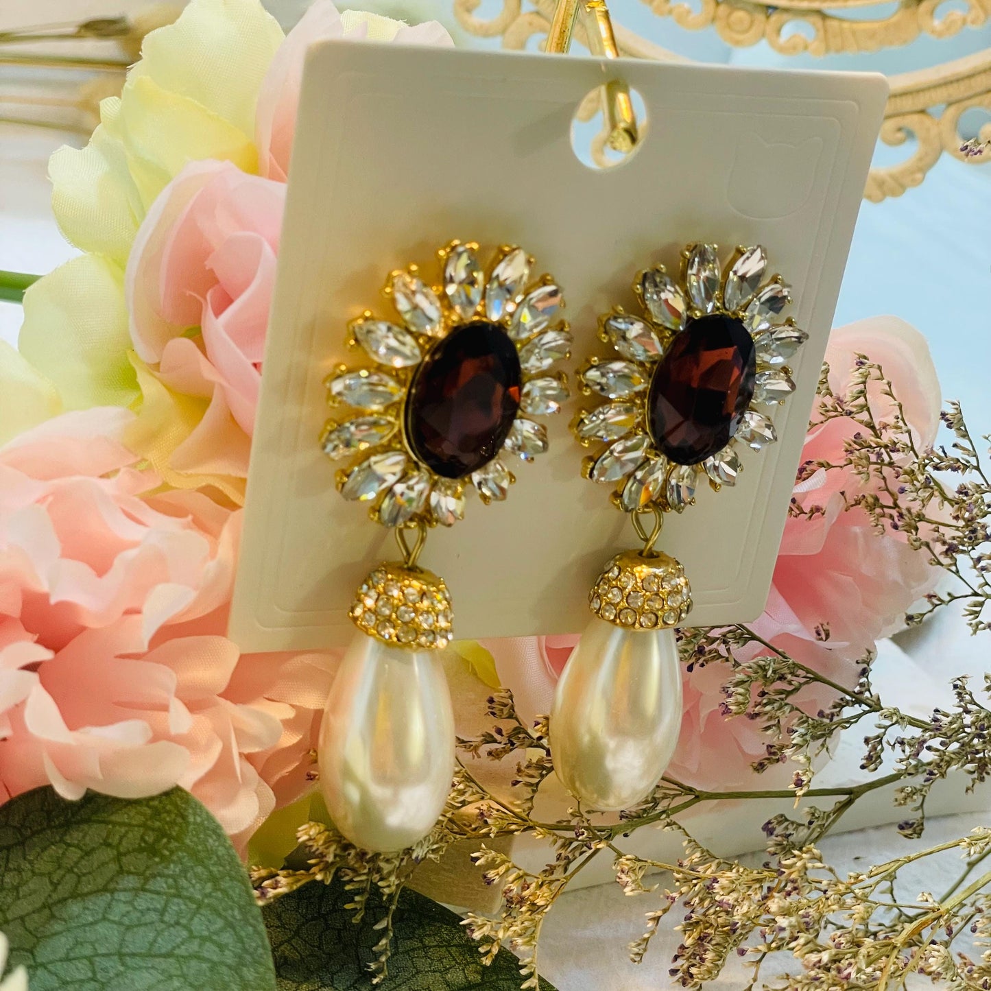 Glamorous Pearl Drop Earrings with Burgundy Stone, Vintage-Inspired Floral Design, Elegant dangle Jewelry for Women, Perfect Gift for her