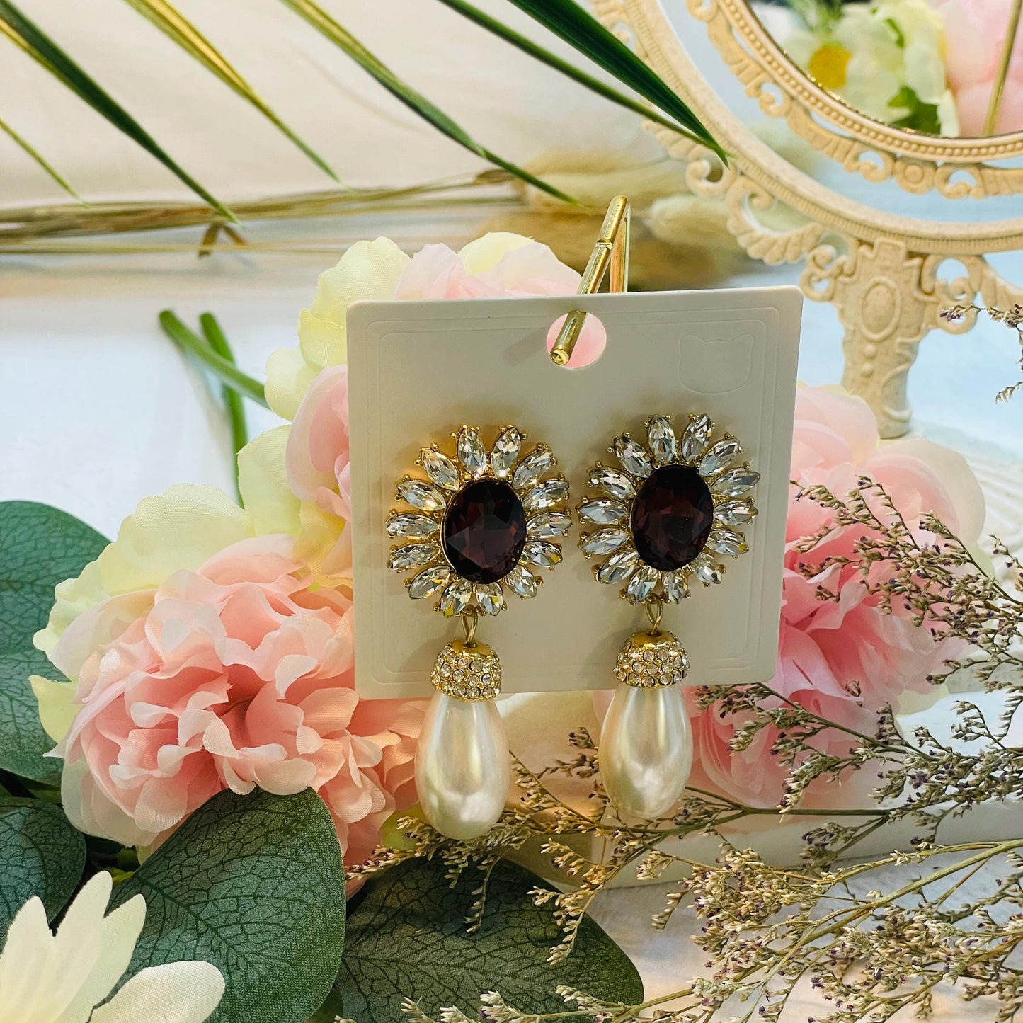 Glamorous Pearl Drop Earrings with Burgundy Stone, Vintage-Inspired Floral Design, Elegant dangle Jewelry for Women, Perfect Gift for her