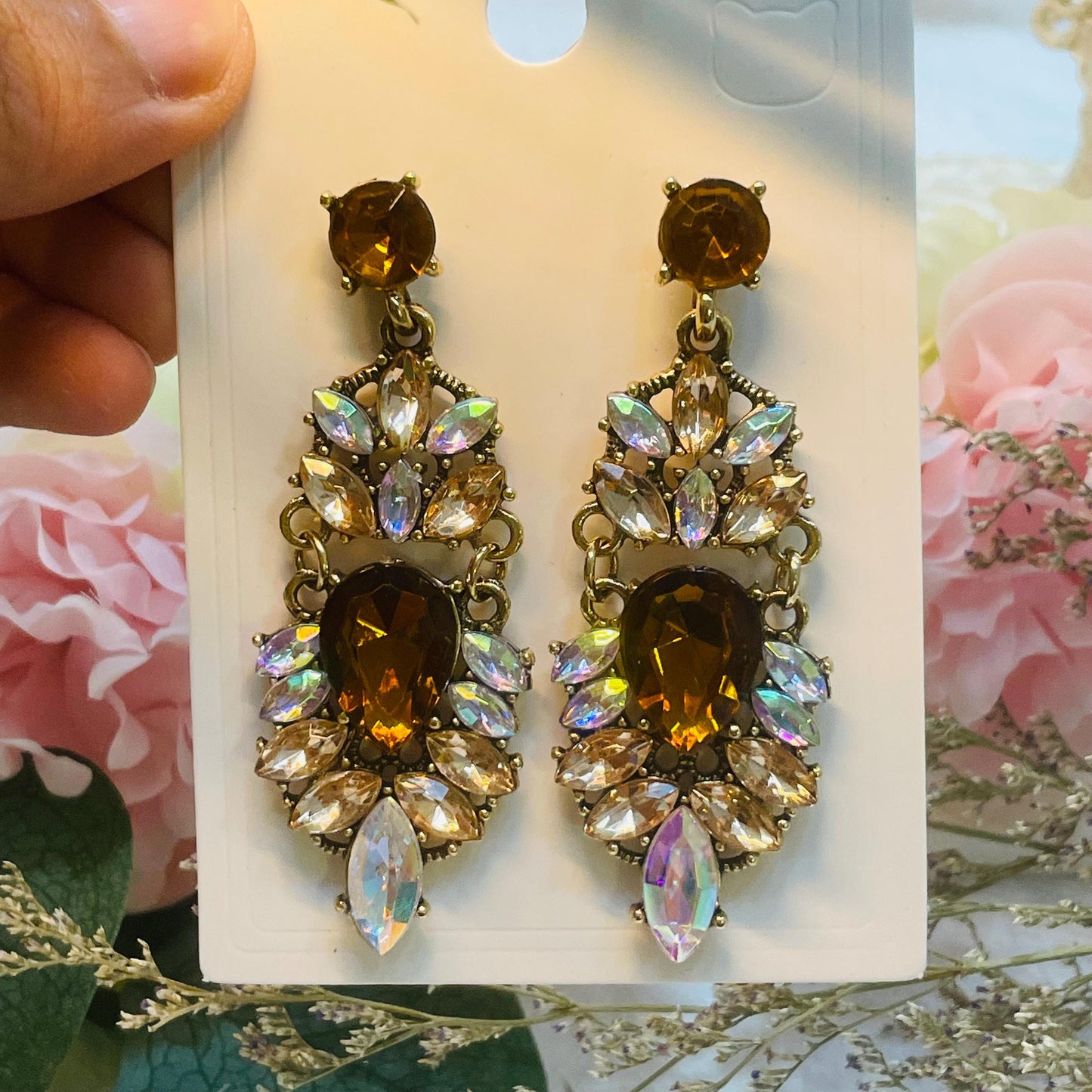 Vintage long Gold Rhinestone Drop Earrings, Elegant Crystal Dangle Earrings, Gold Tone Statement Earrings with Brown and colourful Stones