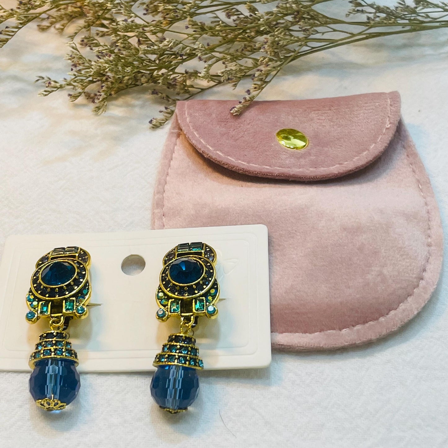 Vintage Clip on Gold tone Blue Crystal Drop Earrings, Elegant Blue Rhinestone Design, Gold Pearl Dangle Earrings Statement Jewelry Gifts