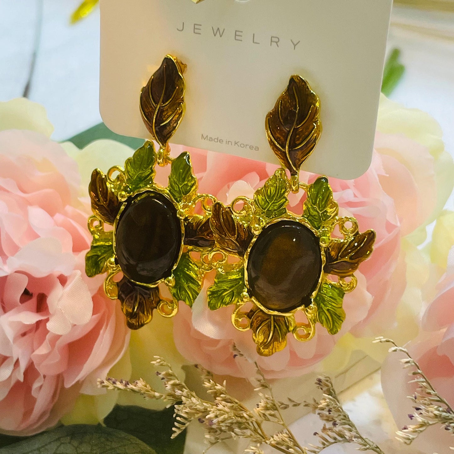 Elegant Tigers eye Floral drop Earrings, Gold Tone Statement drop Earrings Vintage Flower Earrings, Brown stone dangle Earrings Gift for Her