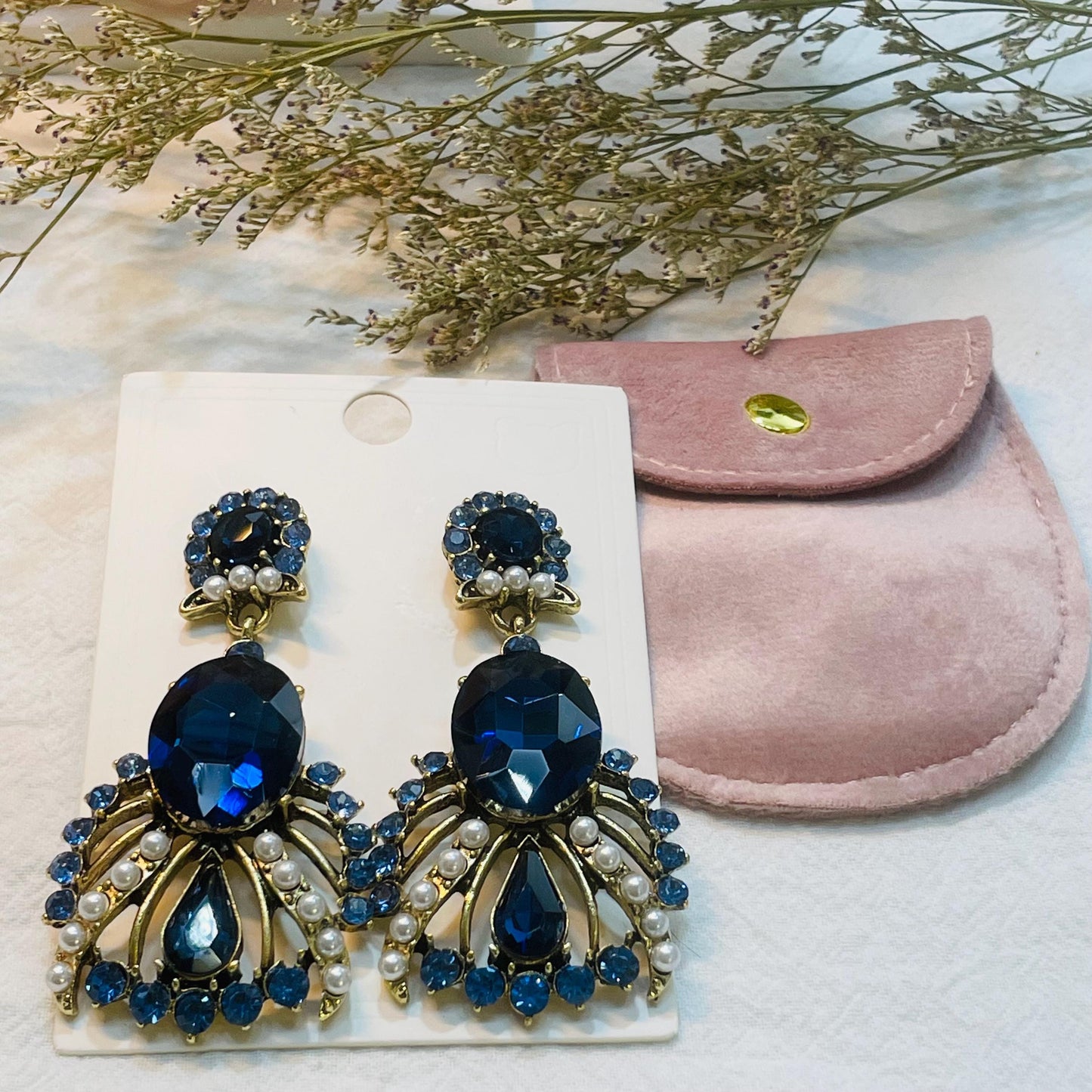 Elegant Blue Crystal Rhinestones Drop Earrings, Gold tone Pearl Statement Dangle Earrings, Gold Tone Pearl Dangle Earrings, Gift for Her