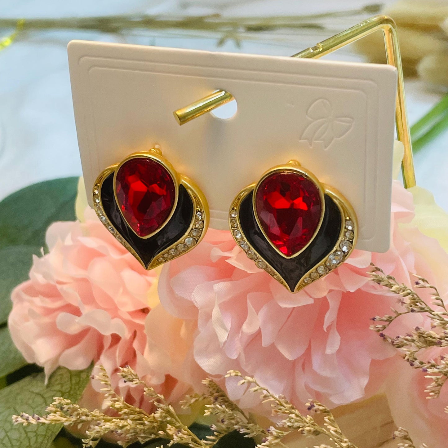 Elegant Red Crystal Stud Earrings, Gold Tone Rhinestone Heart Design, Red Droplet Crystal Stud Earrings, Statement Gold Heart Stud Earrings