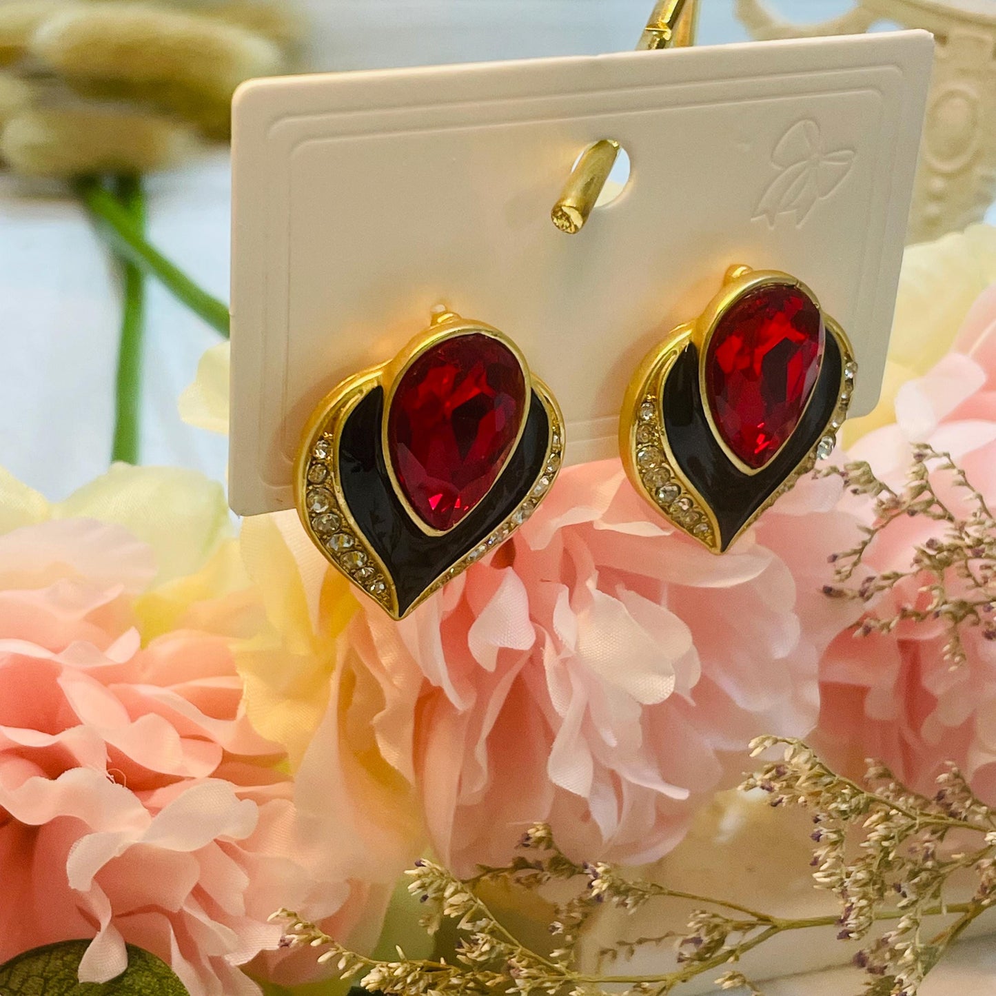 Elegant Red Crystal Stud Earrings, Gold Tone Rhinestone Heart Design, Red Droplet Crystal Stud Earrings, Statement Gold Heart Stud Earrings