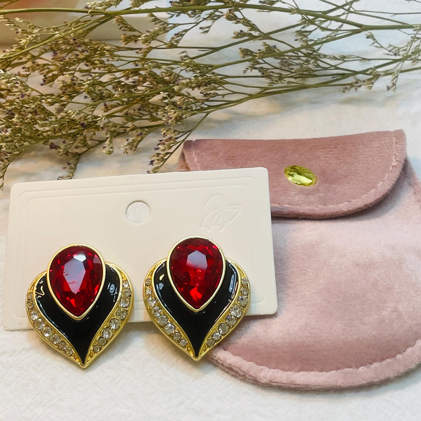 Elegant Red Crystal Stud Earrings, Gold Tone Rhinestone Heart Design, Red Droplet Crystal Stud Earrings, Statement Gold Heart Stud Earrings