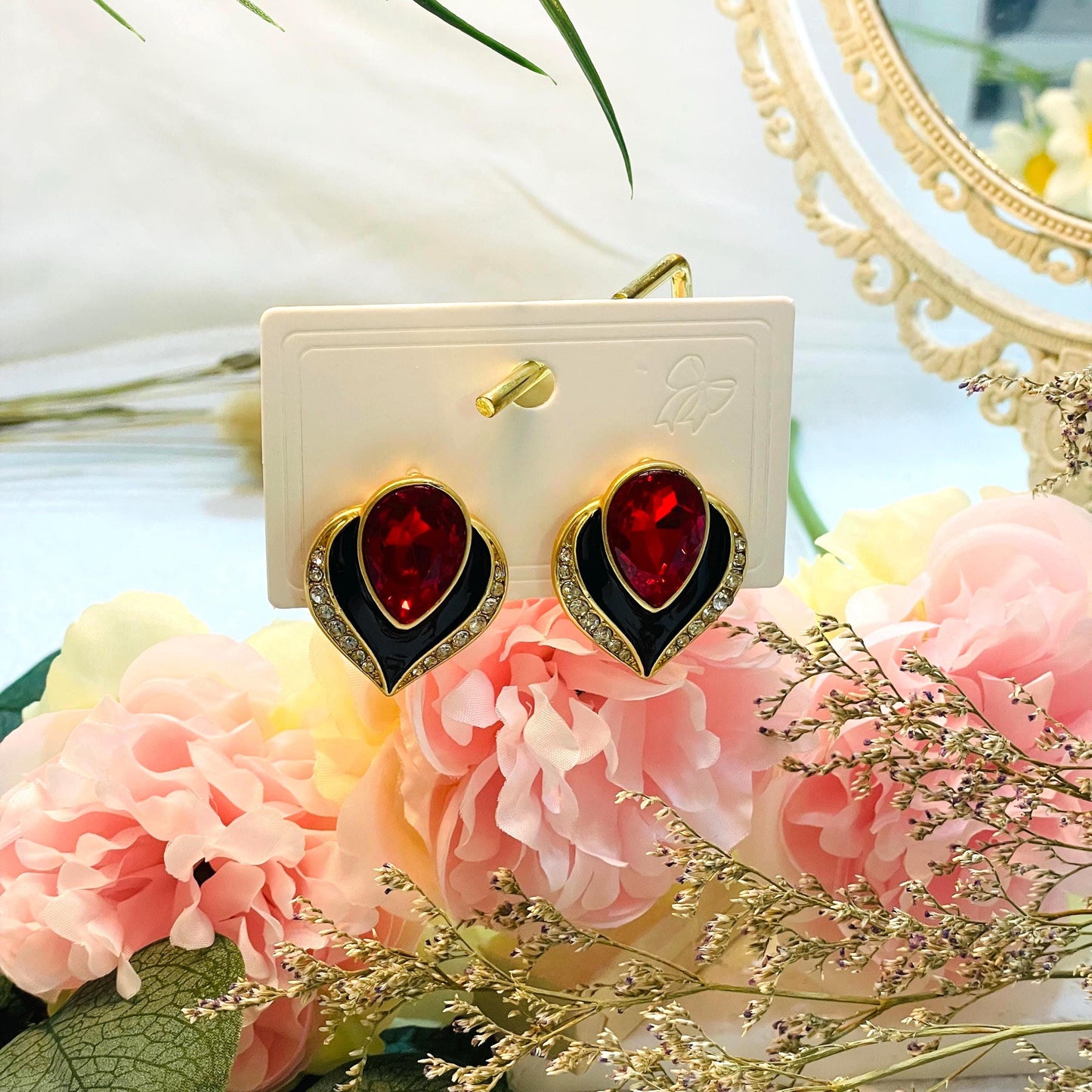 Elegant Red Crystal Stud Earrings, Gold Tone Rhinestone Heart Design, Red Droplet Crystal Stud Earrings, Statement Gold Heart Stud Earrings