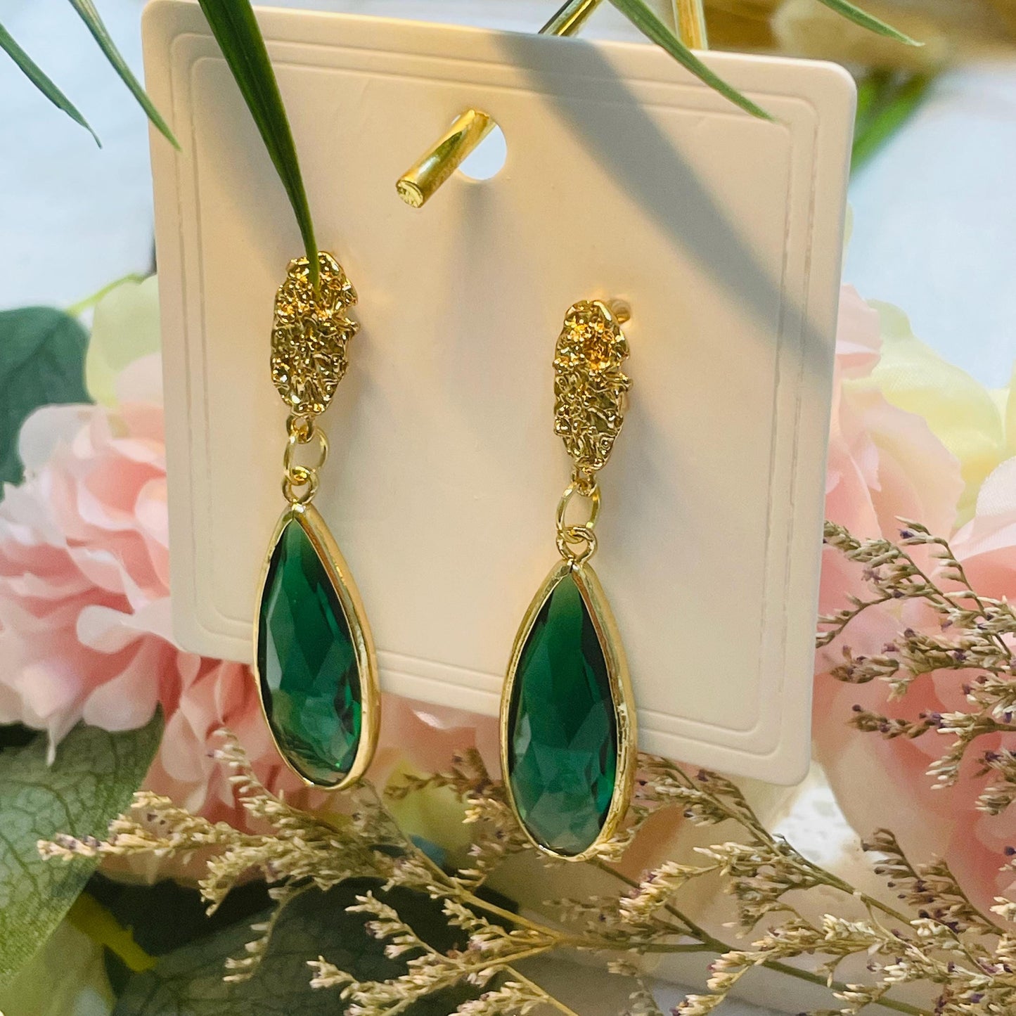 Elegant Green Crystal Drop Earrings, Gold Tone Statement Jewelry, Tear droplet Crystal Dangle Earrings Gift for Her green stone earrings