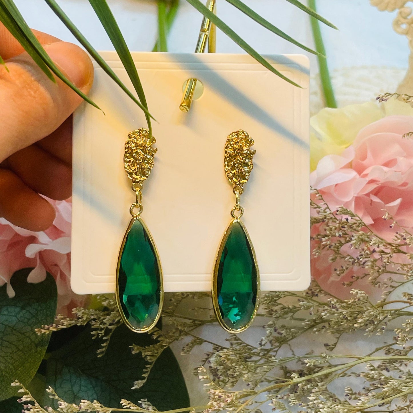 Elegant Green Crystal Drop Earrings, Gold Tone Statement Jewelry, Tear droplet Crystal Dangle Earrings Gift for Her green stone earrings