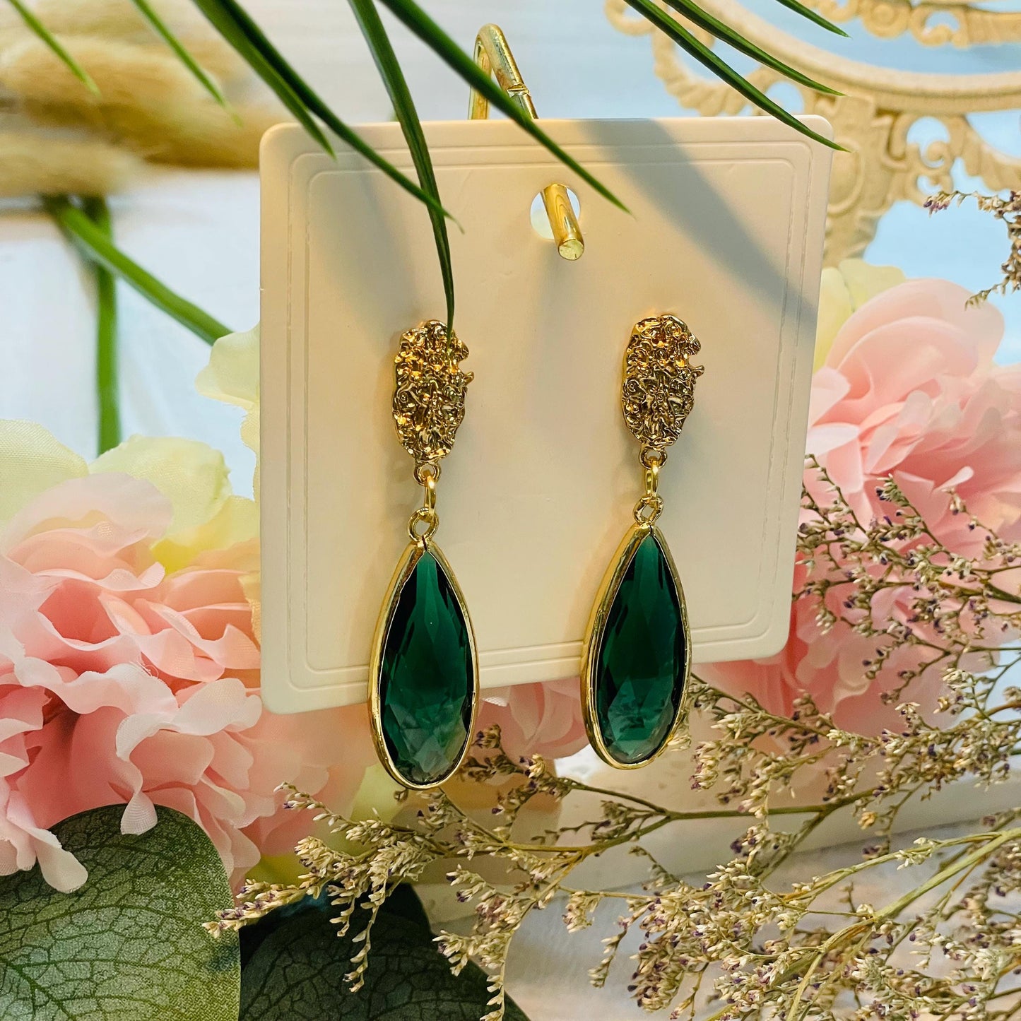 Elegant Green Crystal Drop Earrings, Gold Tone Statement Jewelry, Tear droplet Crystal Dangle Earrings Gift for Her green stone earrings
