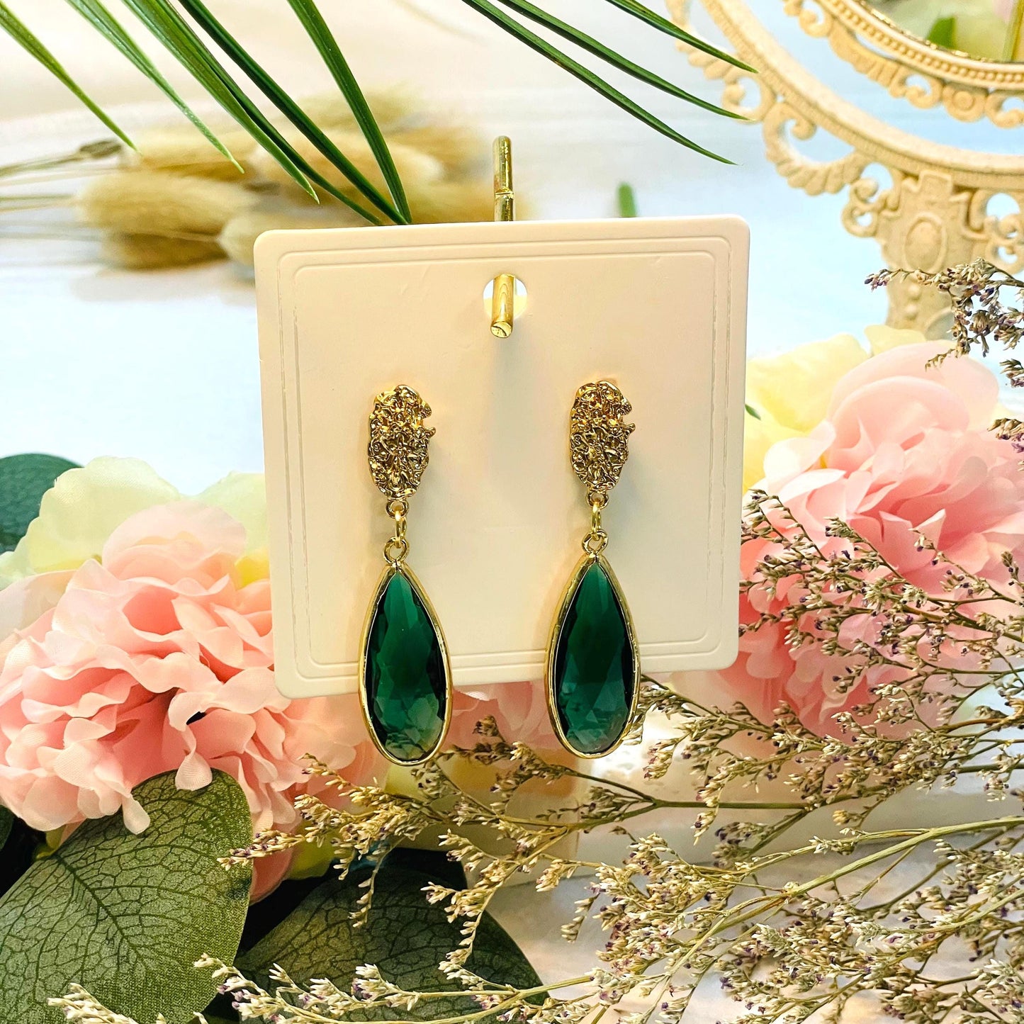 Elegant Green Crystal Drop Earrings, Gold Tone Statement Jewelry, Tear droplet Crystal Dangle Earrings Gift for Her green stone earrings