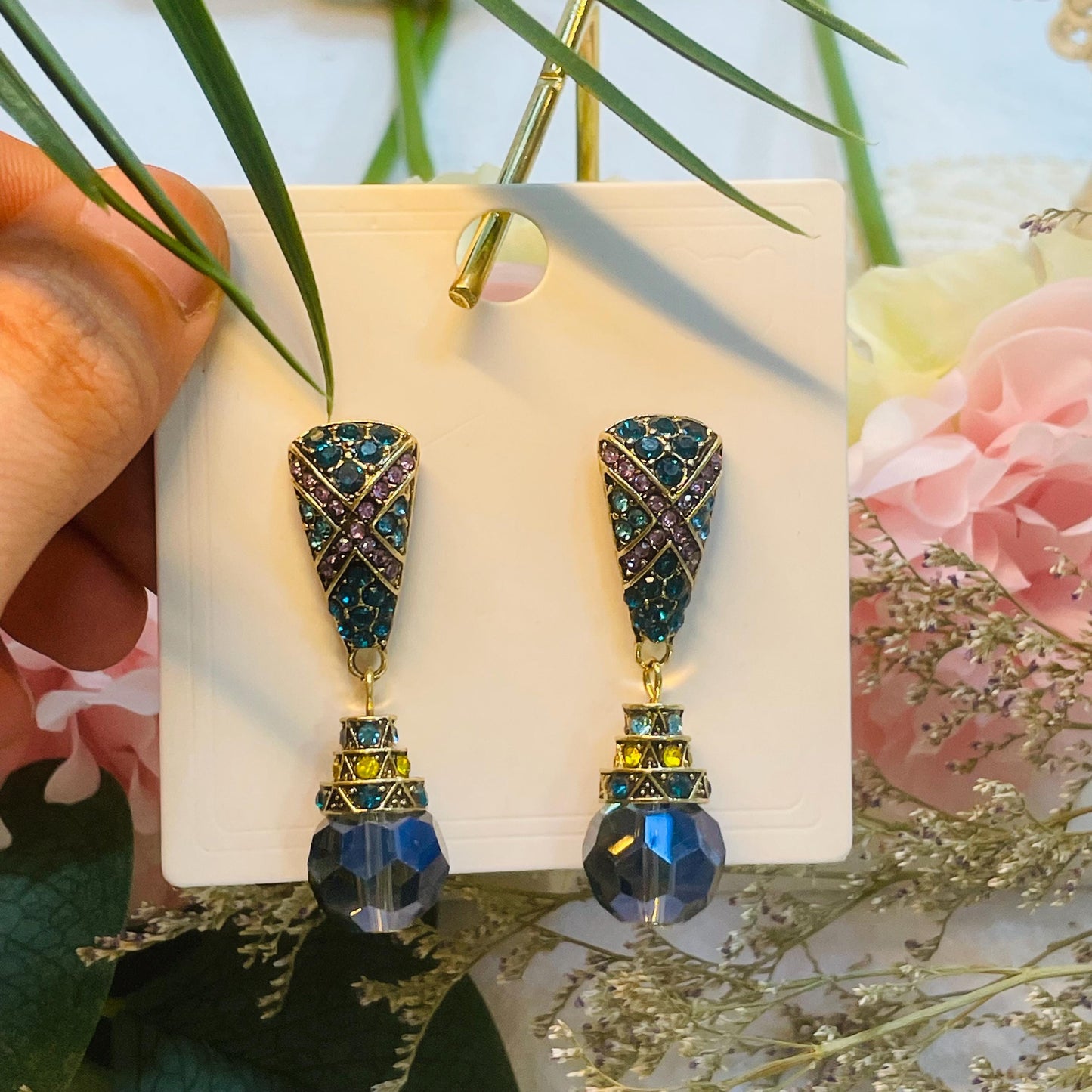 Elegant Gold Tone Drop Earrings with Blue and Yellow Rhinestones, Vintage Crystal Dangle Earrings, Statement Jewelry, Perfect Gift for Her