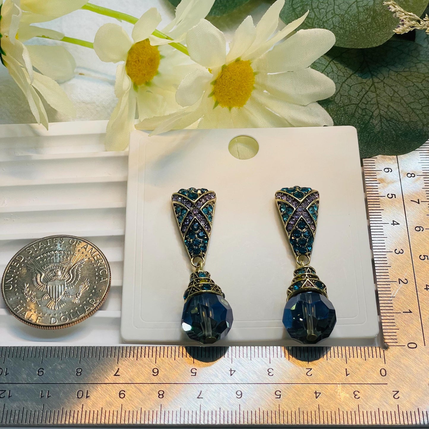 Elegant Gold Tone Drop Earrings with Blue and Yellow Rhinestones, Vintage Crystal Dangle Earrings, Statement Jewelry, Perfect Gift for Her