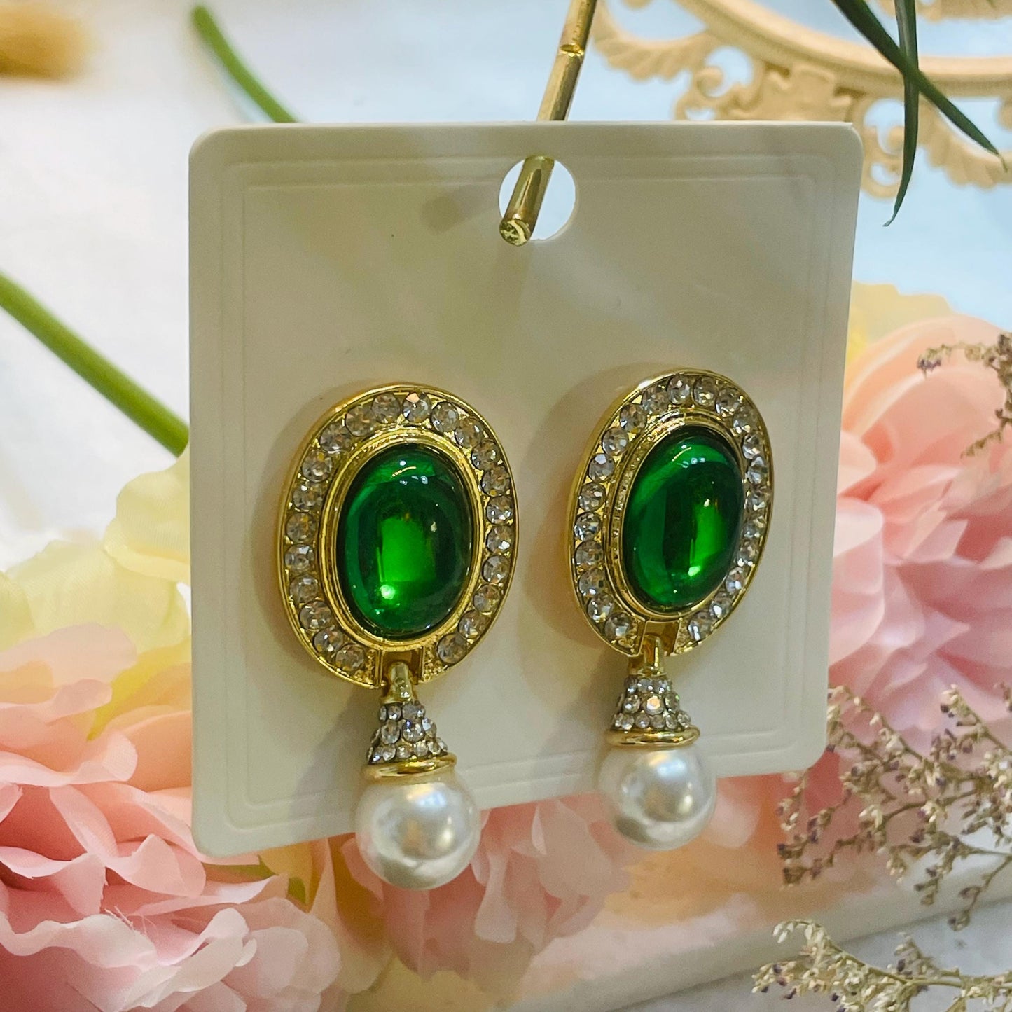 Elegant Gold tone Pearl Drop Earrings, Oval Green Crystal Dangle Earrings, Rhinestone and Pearl Statement Earrings, Perfect Gift for Her