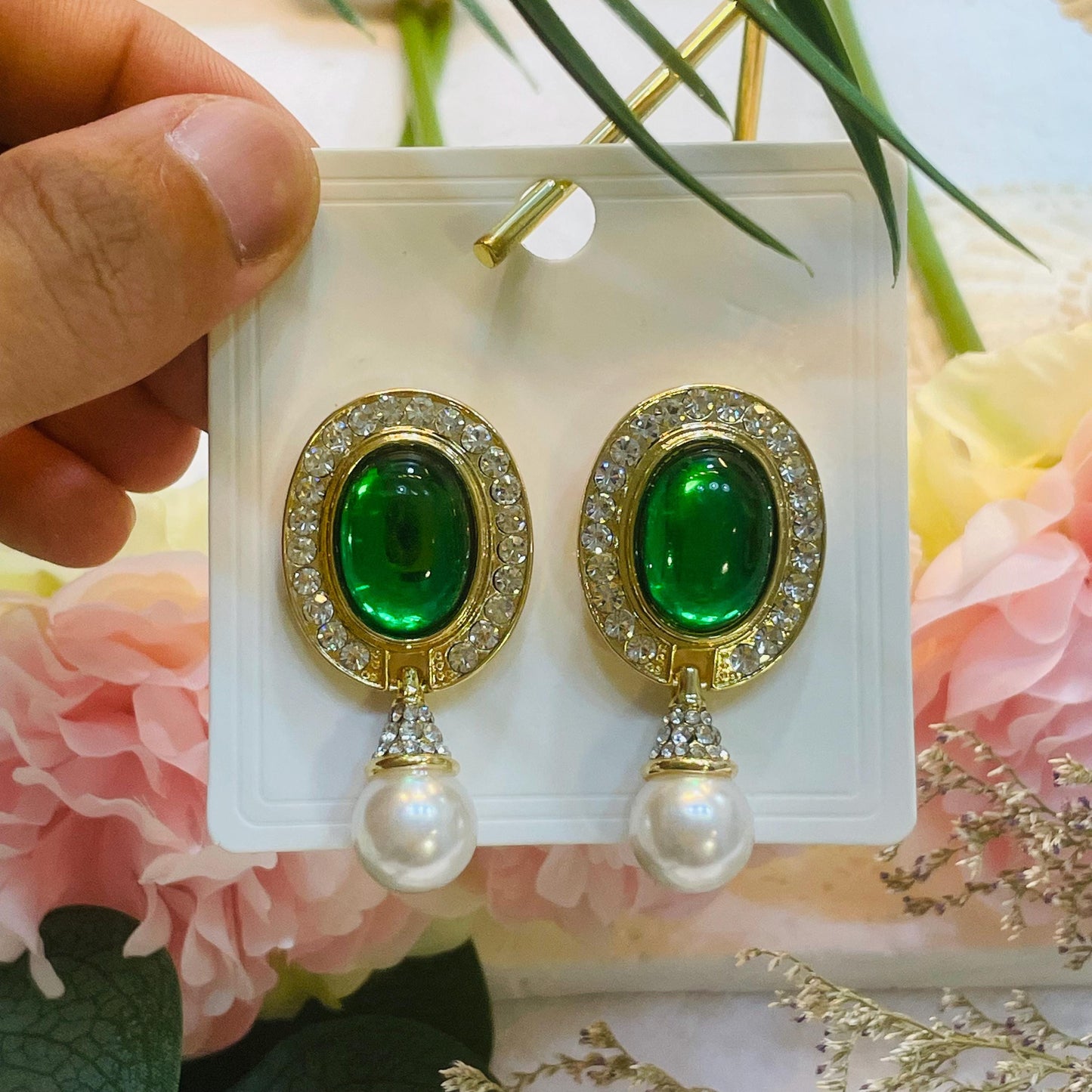 Elegant Gold tone Pearl Drop Earrings, Oval Green Crystal Dangle Earrings, Rhinestone and Pearl Statement Earrings, Perfect Gift for Her