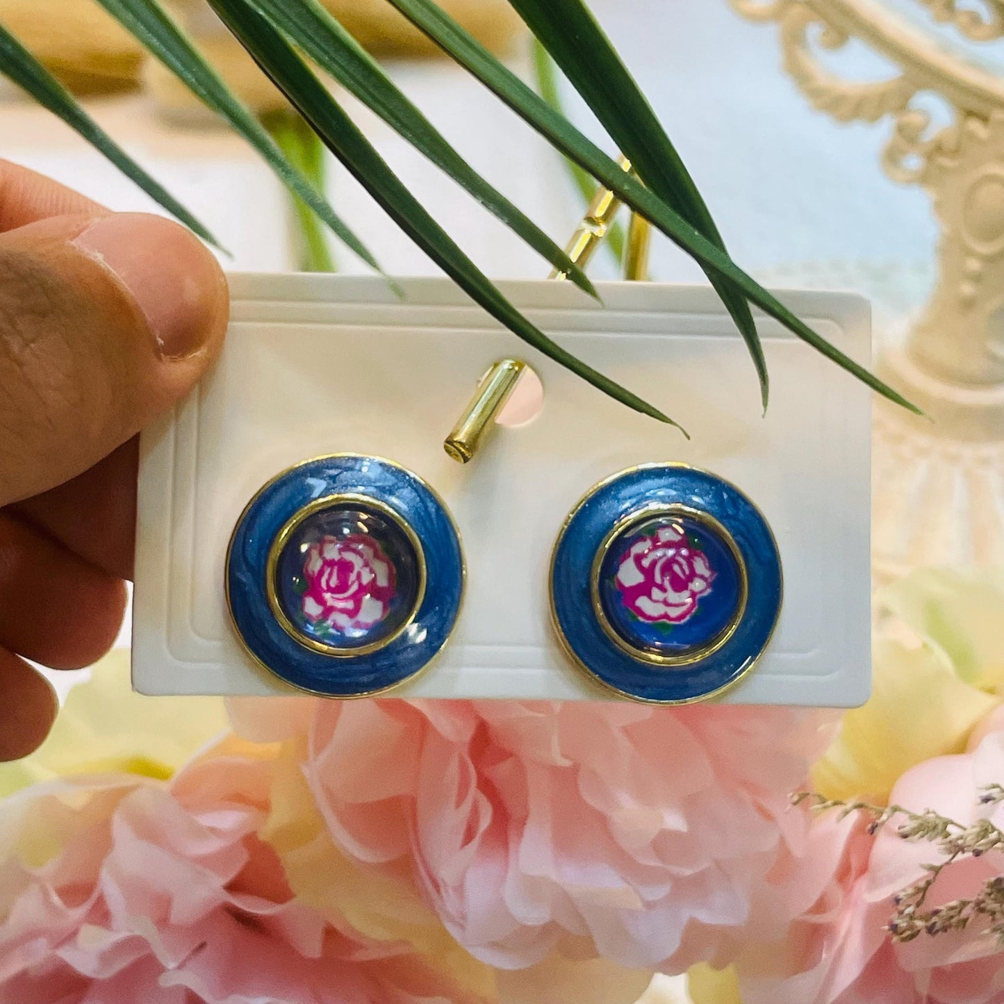 Elegant Blue Enamel Rose Stud Earrings, retro Floral studs, Gold Tone Statement Earrings, Perfect Gift for Her, Unique Flower Stud Earrings