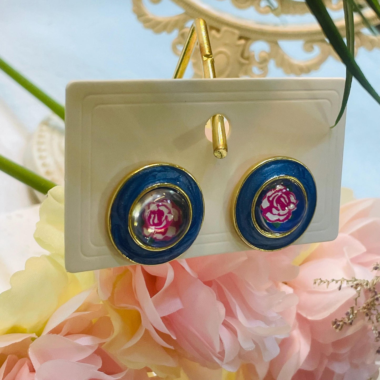 Elegant Blue Enamel Rose Stud Earrings, retro Floral studs, Gold Tone Statement Earrings, Perfect Gift for Her, Unique Flower Stud Earrings